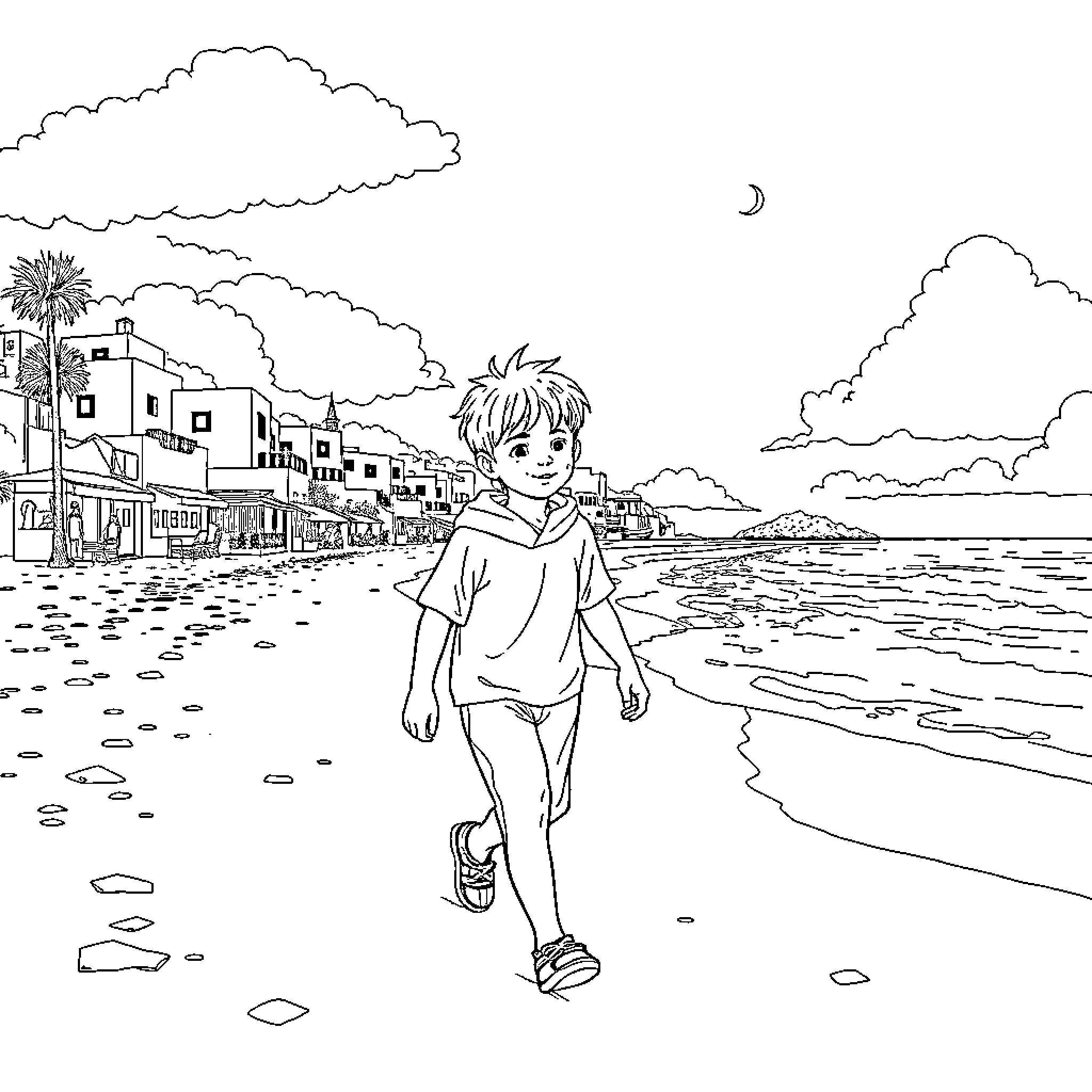 Niño walking along the beach at sunset Coloring Page (free black-and-white line drawing printable PDF for all, from beginners to advanced learners, including children, teens, adults, and seniors)