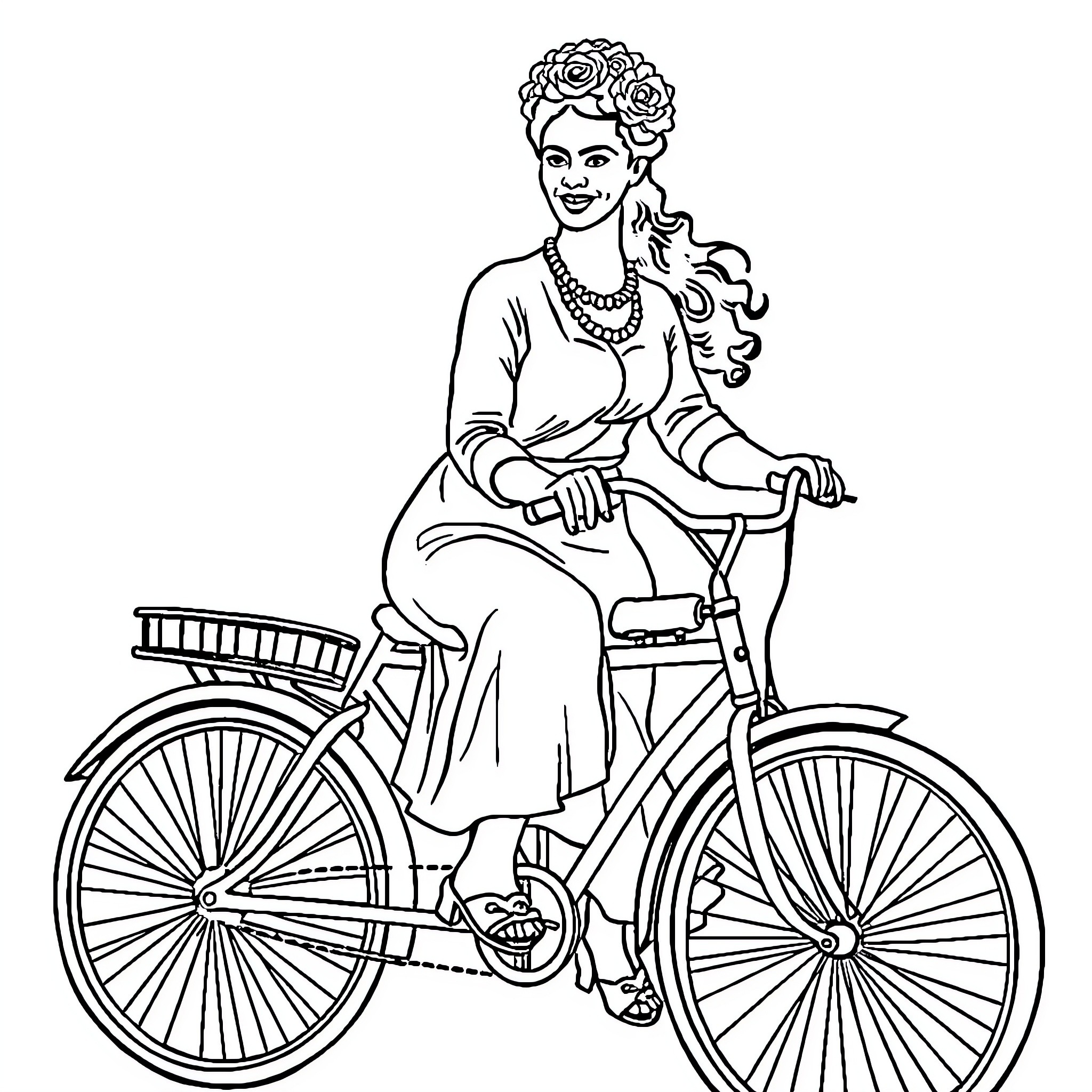 Frida Kahlo riding a vintage bicycle Coloring Page (free black-and-white line drawing printable PDF for all, from beginners to advanced learners, including children, teens, adults, and seniors)