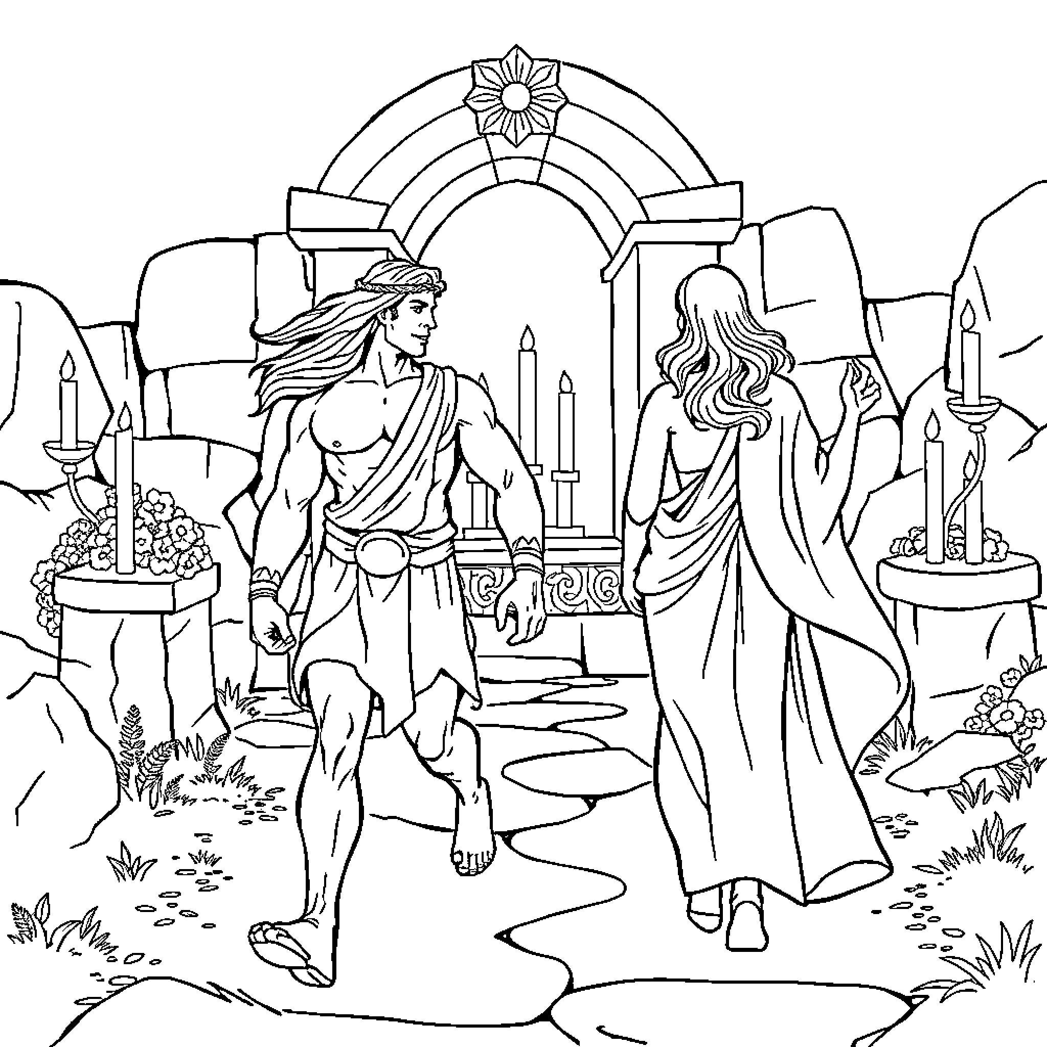 Hercules and Goddess Exploring Ancient Ruins Coloring Page (free black-and-white line drawing printable PDF for all, from beginners to advanced learners, including children, teens, adults, and seniors)