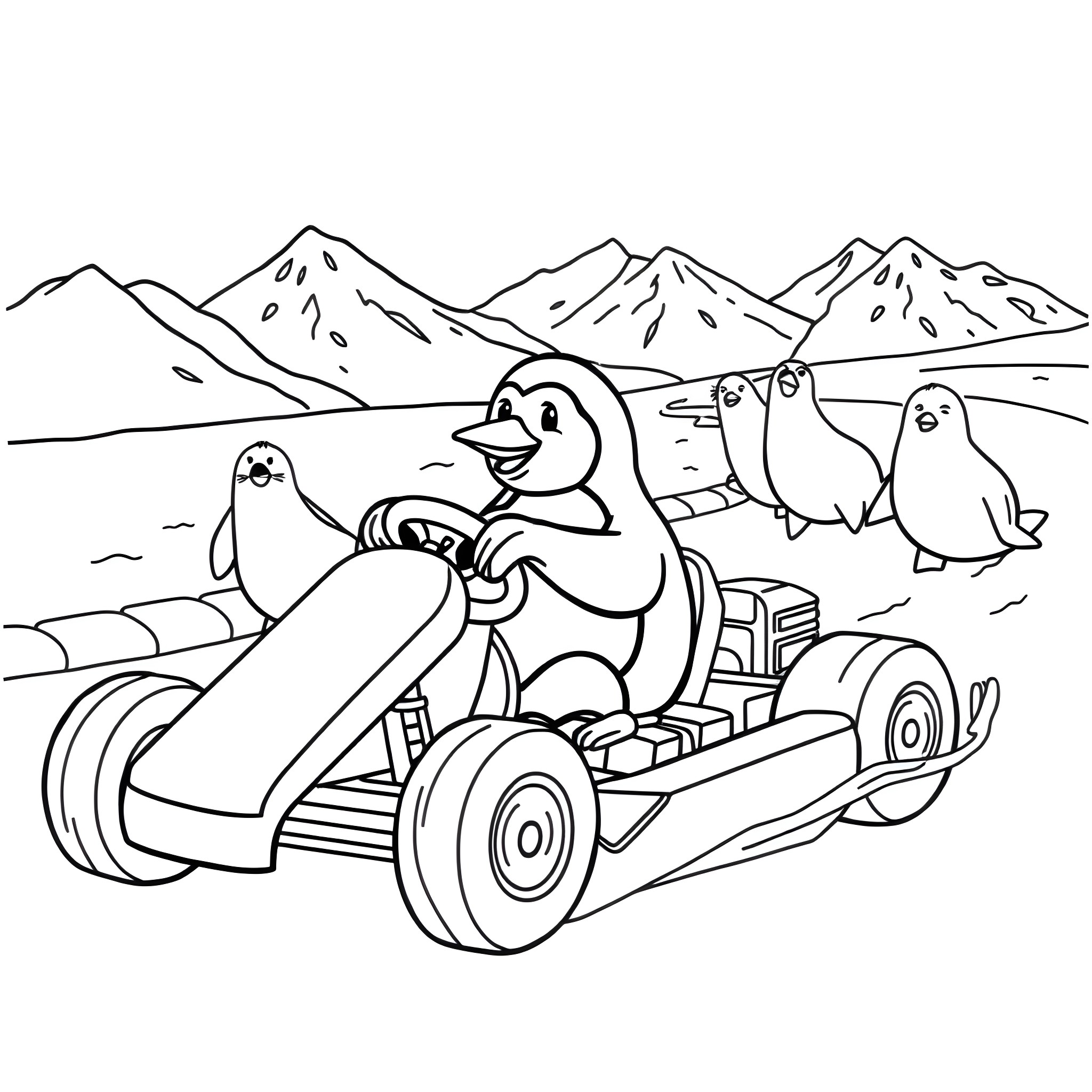 Penguins racing on the go-kart in the snowy mountains Coloring Page (free black-and-white line drawing printable PDF for all, from beginners to advanced learners, including children, teens, adults, and seniors)