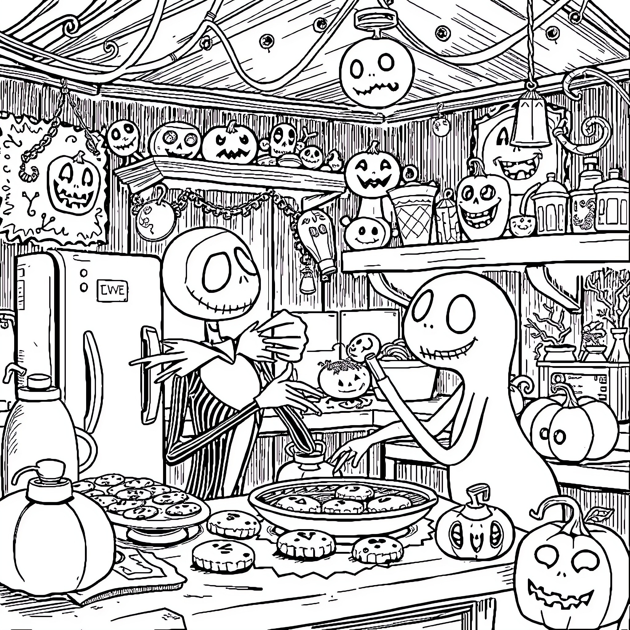 Jack Skellington enjoying a Halloween feast with friends Coloring Page (free black-and-white line drawing printable PDF for all, from beginners to advanced learners, including children, teens, adults, and seniors)