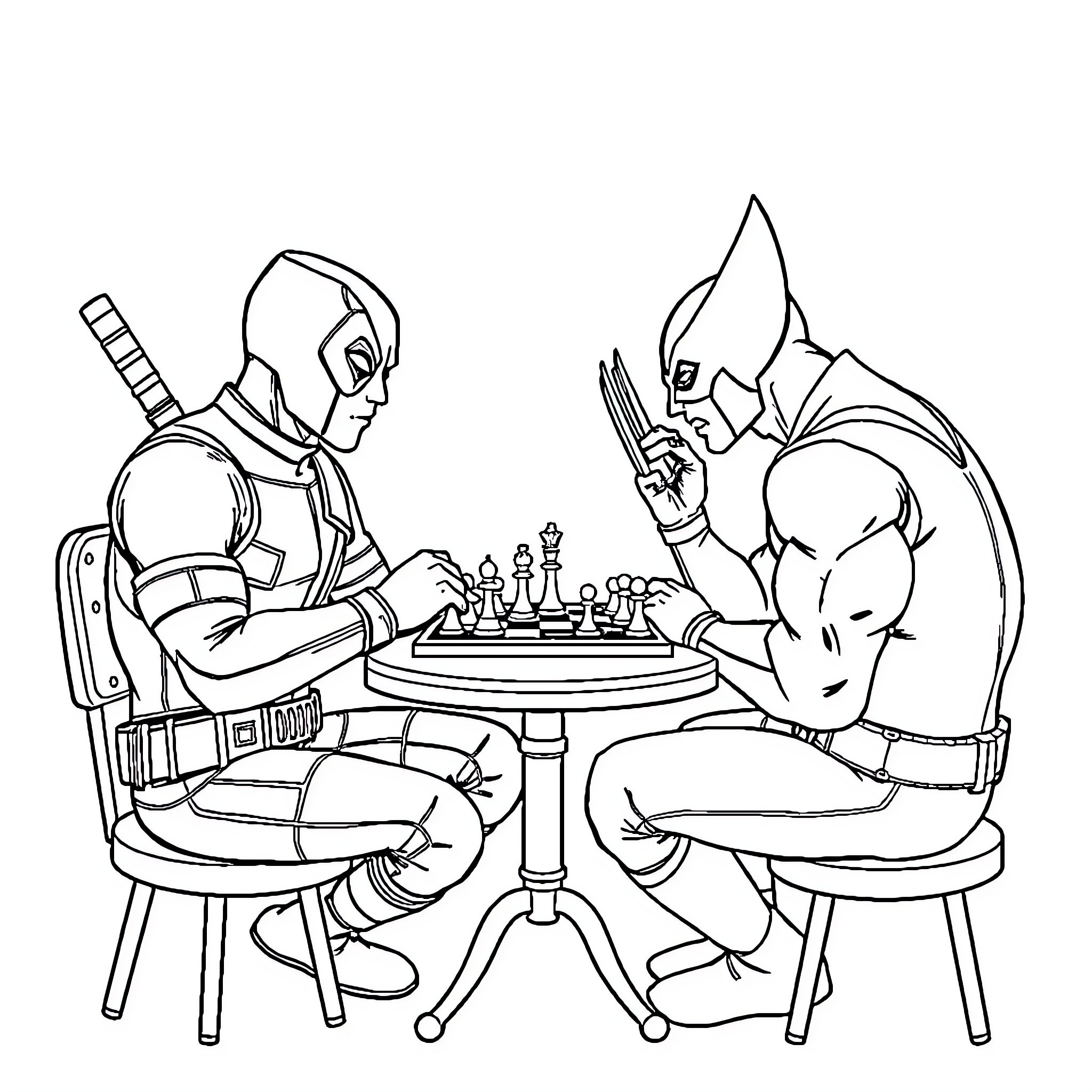 Deadpool and Wolverine playing chess Coloring Page (free black-and-white line drawing printable PDF for all, from beginners to advanced learners, including children, teens, adults, and seniors)