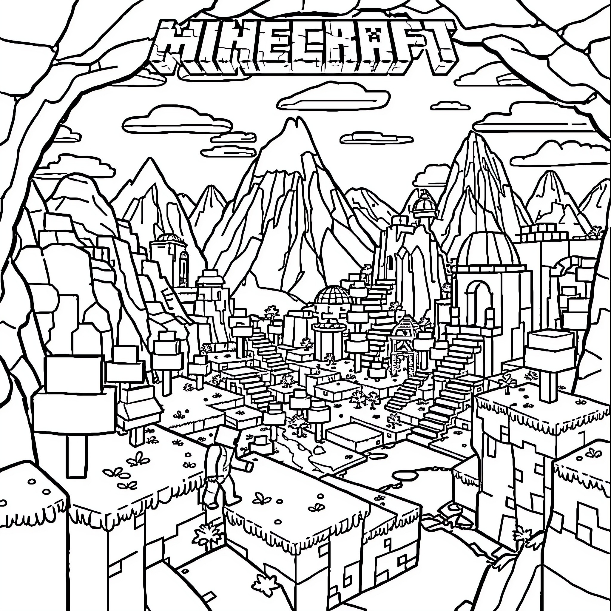 Minecraft Landscape with Mountains and Castles Coloring Page (free black-and-white line drawing printable PDF for all, from beginners to advanced learners, including children, teens, adults, and seniors)