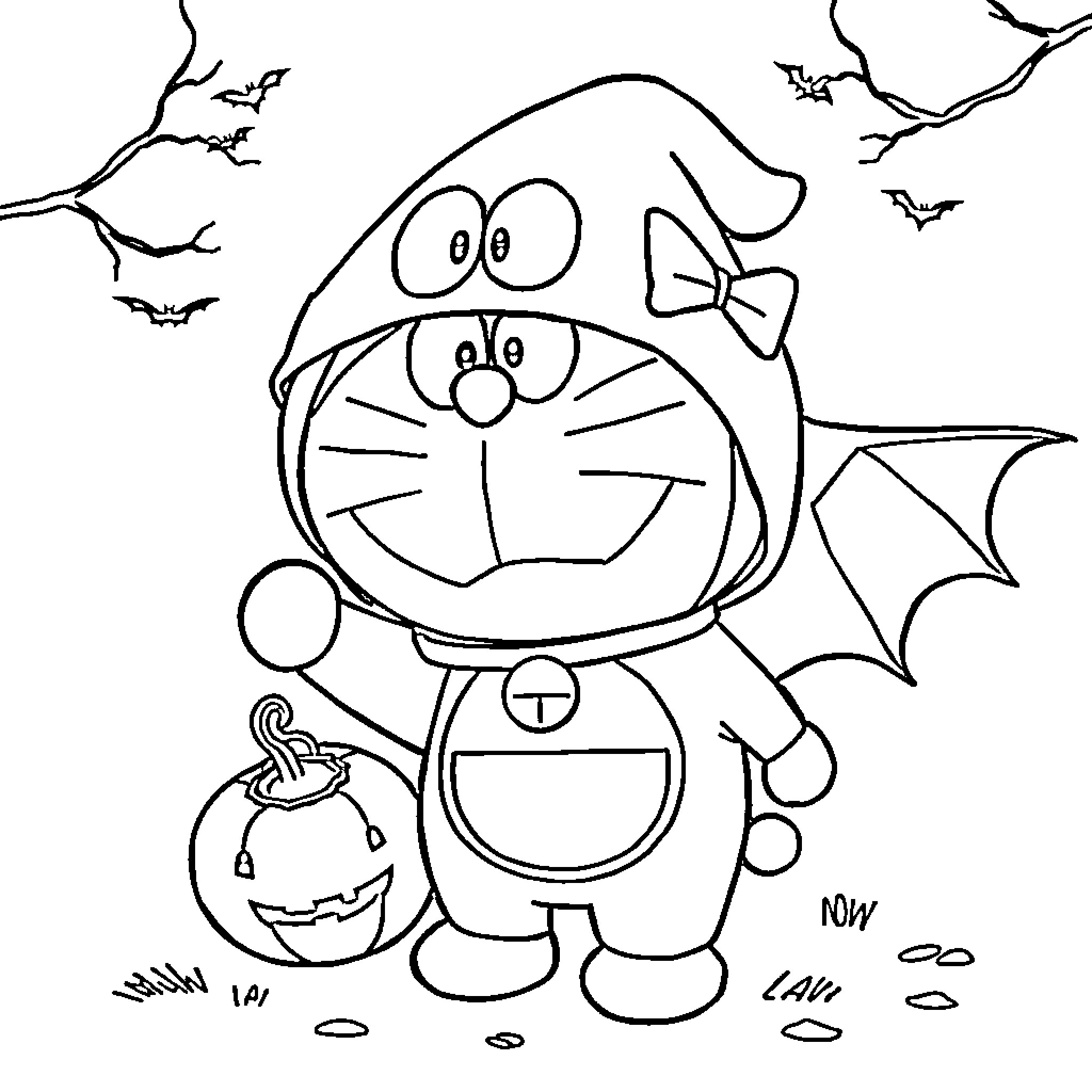 Doraemon celebrating Halloween with a jack-o'-lantern Coloring Page (free black-and-white line drawing printable PDF for all, from beginners to advanced learners, including children, teens, adults, and seniors)