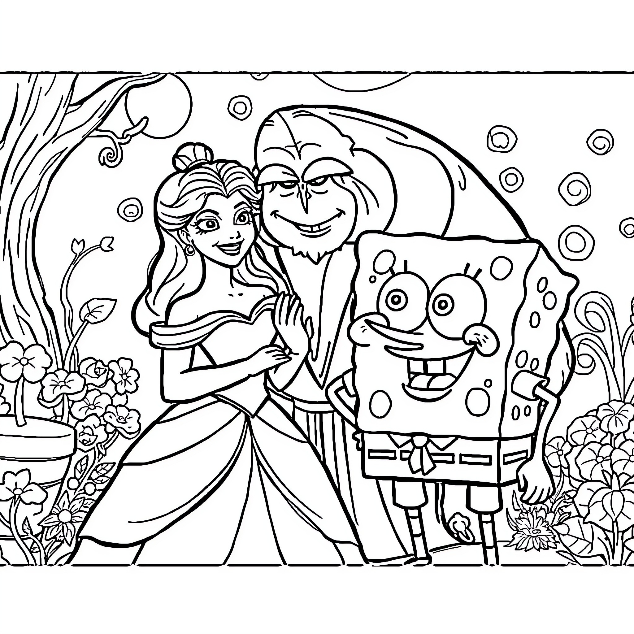 Belle and Friends in a Whimsical Scene Coloring Page (free black-and-white line drawing printable PDF for all, from beginners to advanced learners, including children, teens, adults, and seniors)