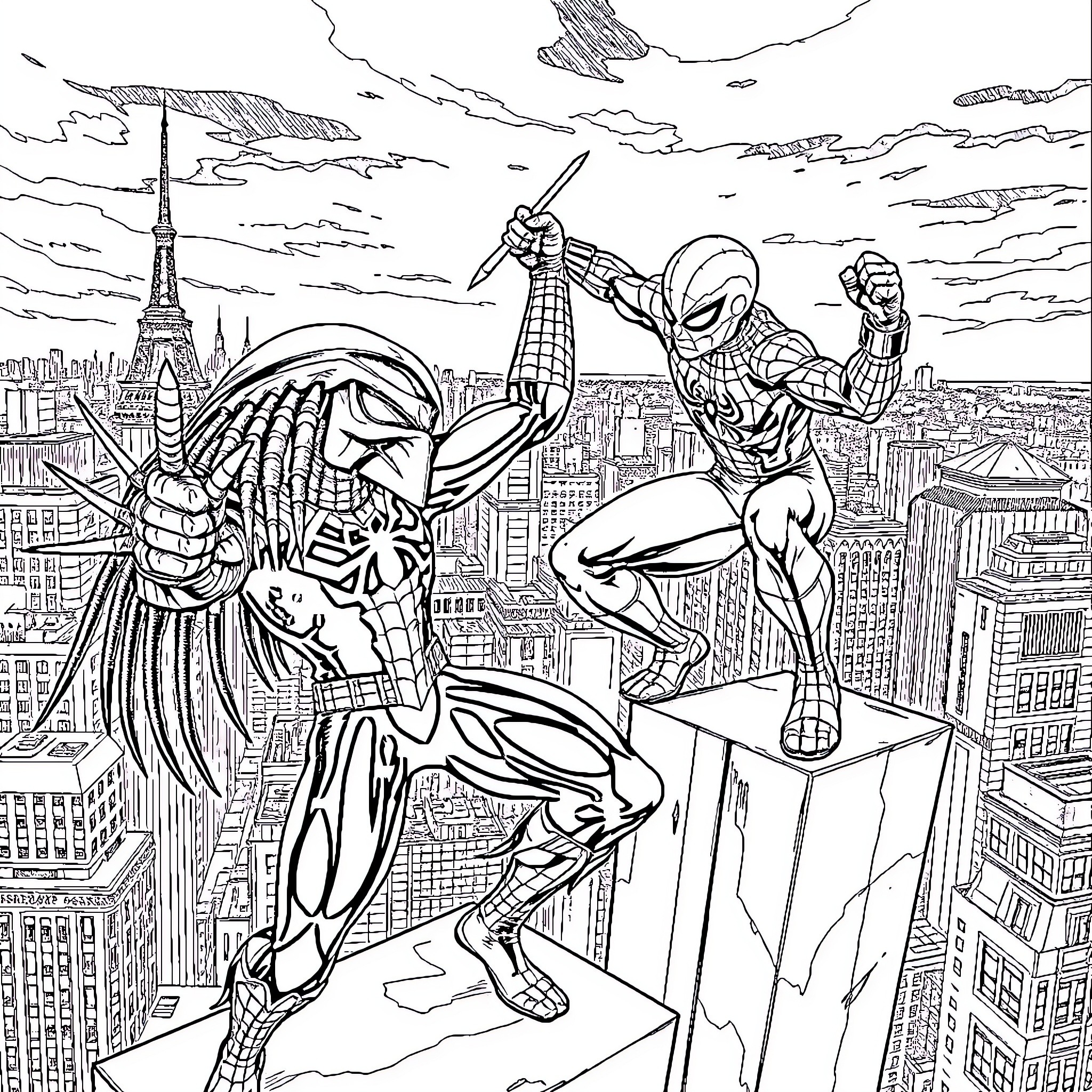 Spiderman Swinging Through the City Skyline Coloring Page (free black-and-white line drawing printable PDF for all, from beginners to advanced learners, including children, teens, adults, and seniors)