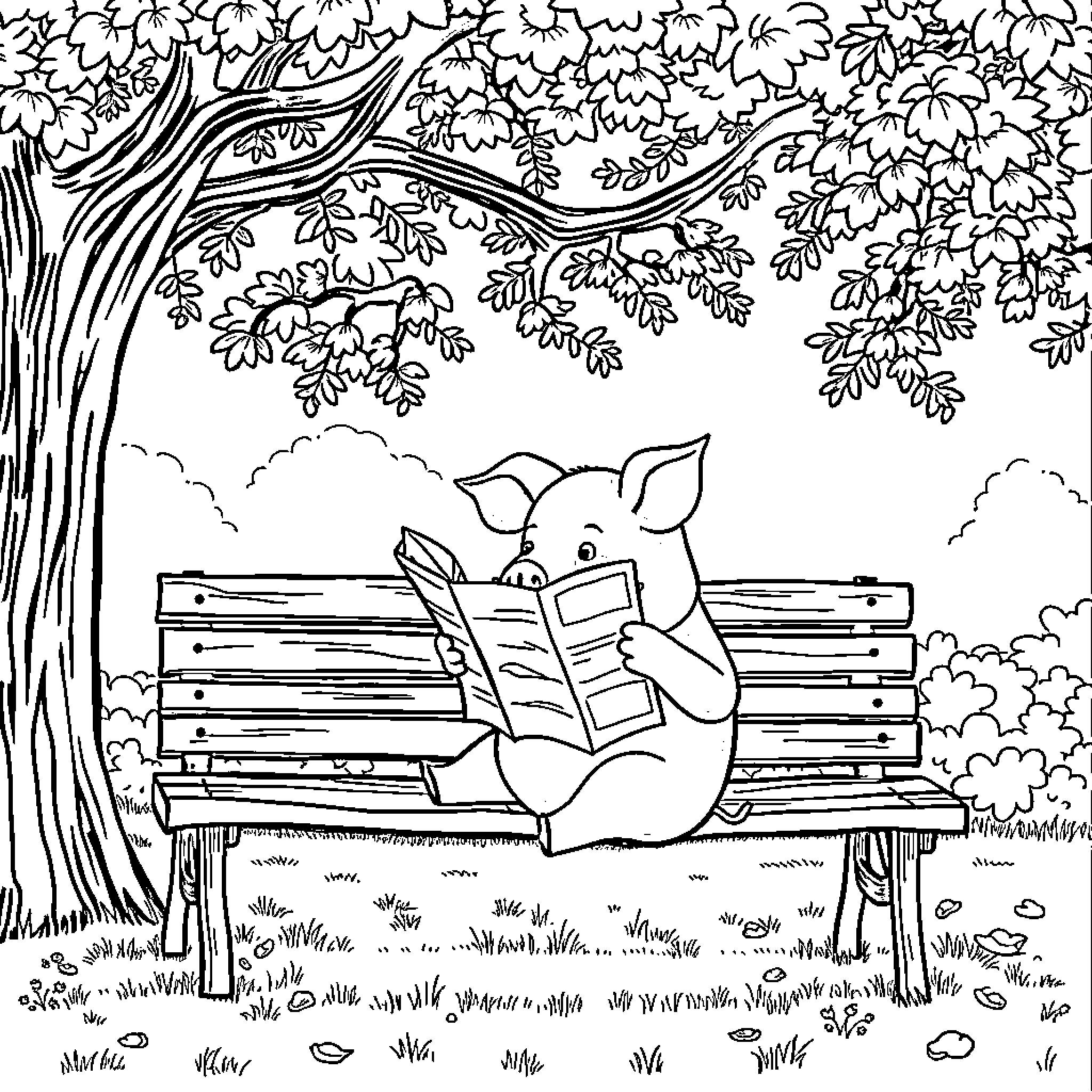 Pig reading book on bench under tree Coloring Page (free black-and-white line drawing printable PDF for all, from beginners to advanced learners, including children, teens, adults, and seniors)
