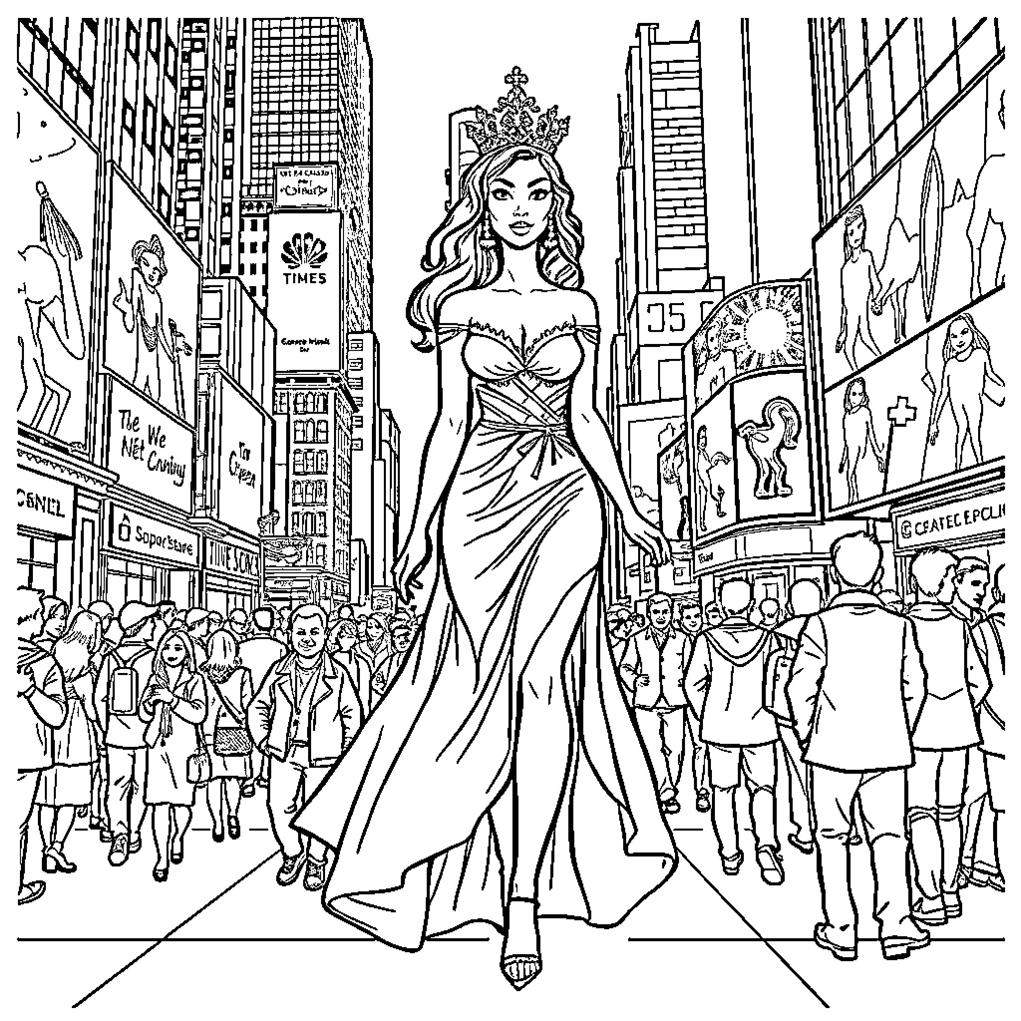 Queen holding court in the bustling city Coloring Page (free black-and-white line drawing printable PDF for all, from beginners to advanced learners, including children, teens, adults, and seniors)