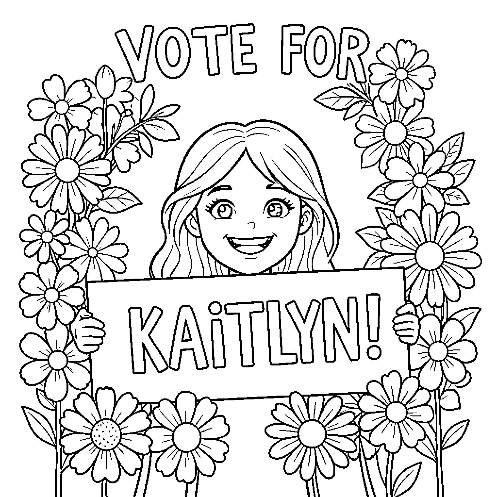 Kaitlyn's Smiling Vote Campaign with Floral Decor Coloring Page (free black-and-white line drawing printable PDF for all, from beginners to advanced learners, including children, teens, adults, and seniors)