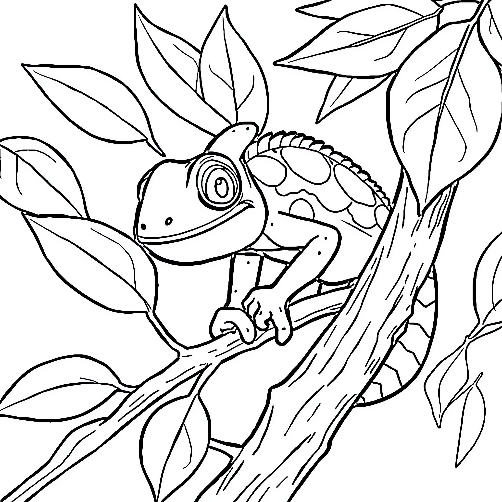 Chameleon exploring the lush foliage Coloring Page (free black-and-white line drawing printable PDF for all, from beginners to advanced learners, including children, teens, adults, and seniors)