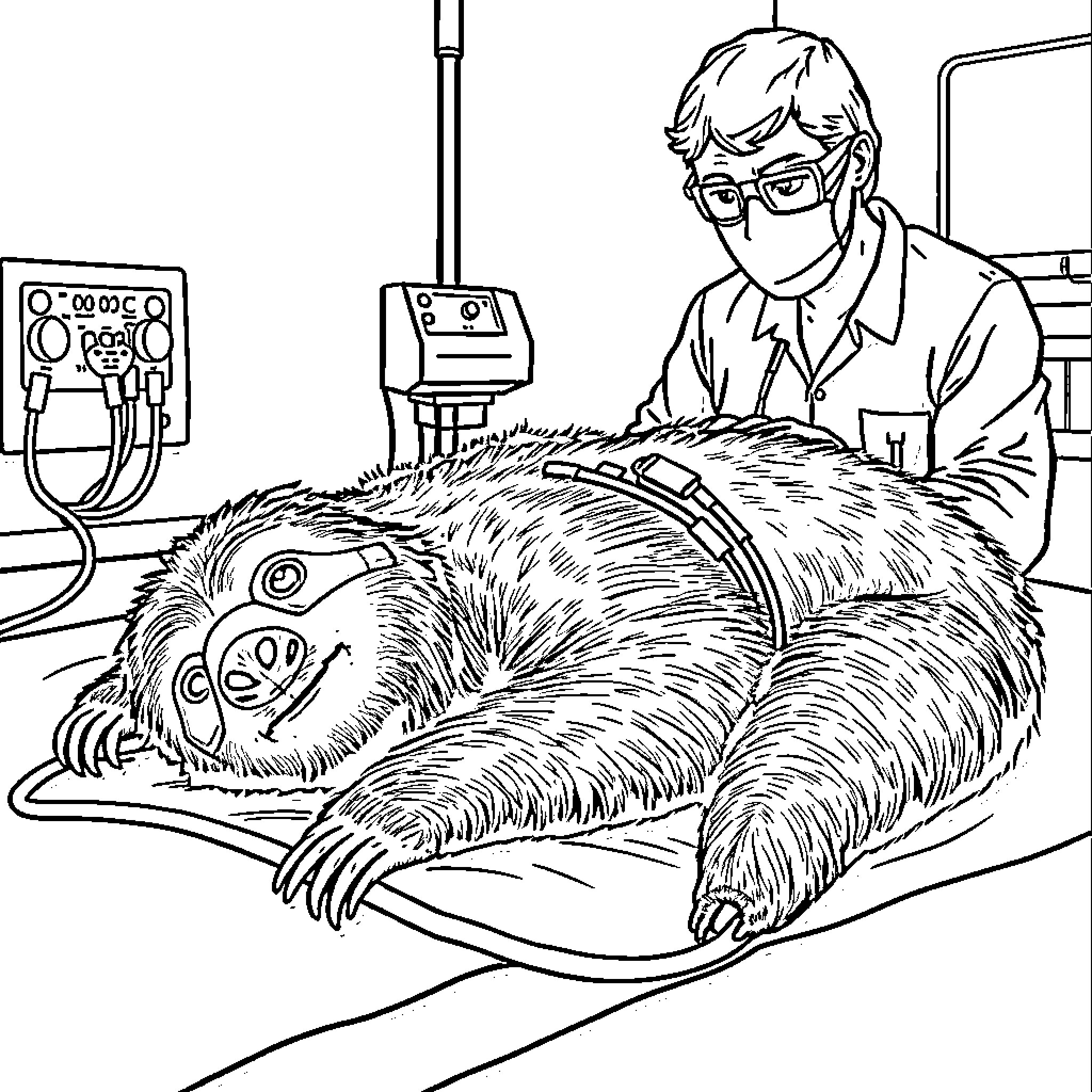 Sloth receiving medical attention Coloring Page (free black-and-white line drawing printable PDF for all, from beginners to advanced learners, including children, teens, adults, and seniors)