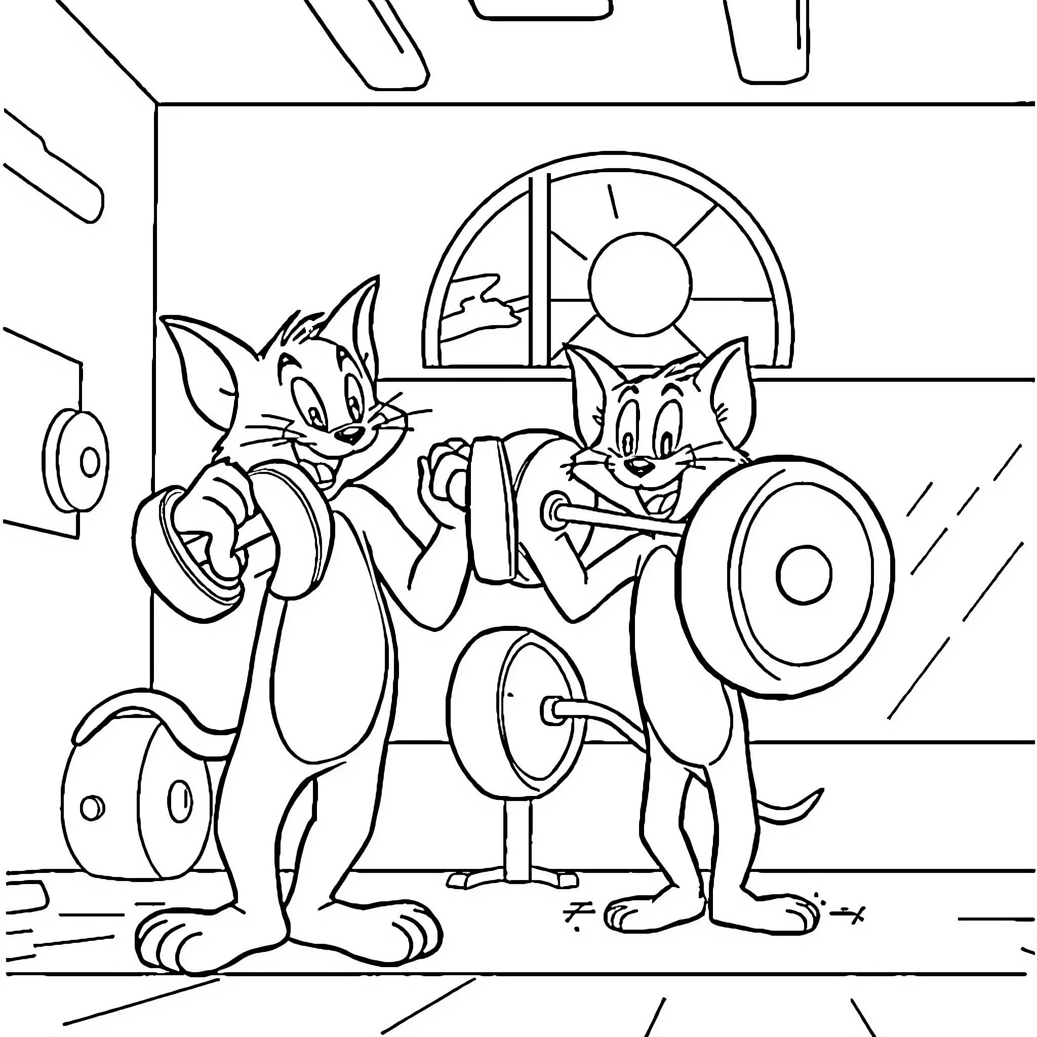 Tom and Jerry causing mischief in the house Coloring Page (free black-and-white line drawing printable PDF for all, from beginners to advanced learners, including children, teens, adults, and seniors)