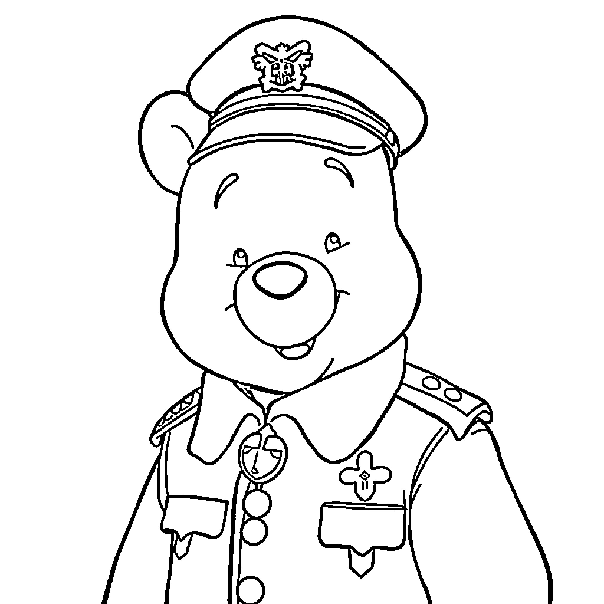 Winnie The Pooh in police uniform Coloring Page (free black-and-white line drawing printable PDF for all, from beginners to advanced learners, including children, teens, adults, and seniors)