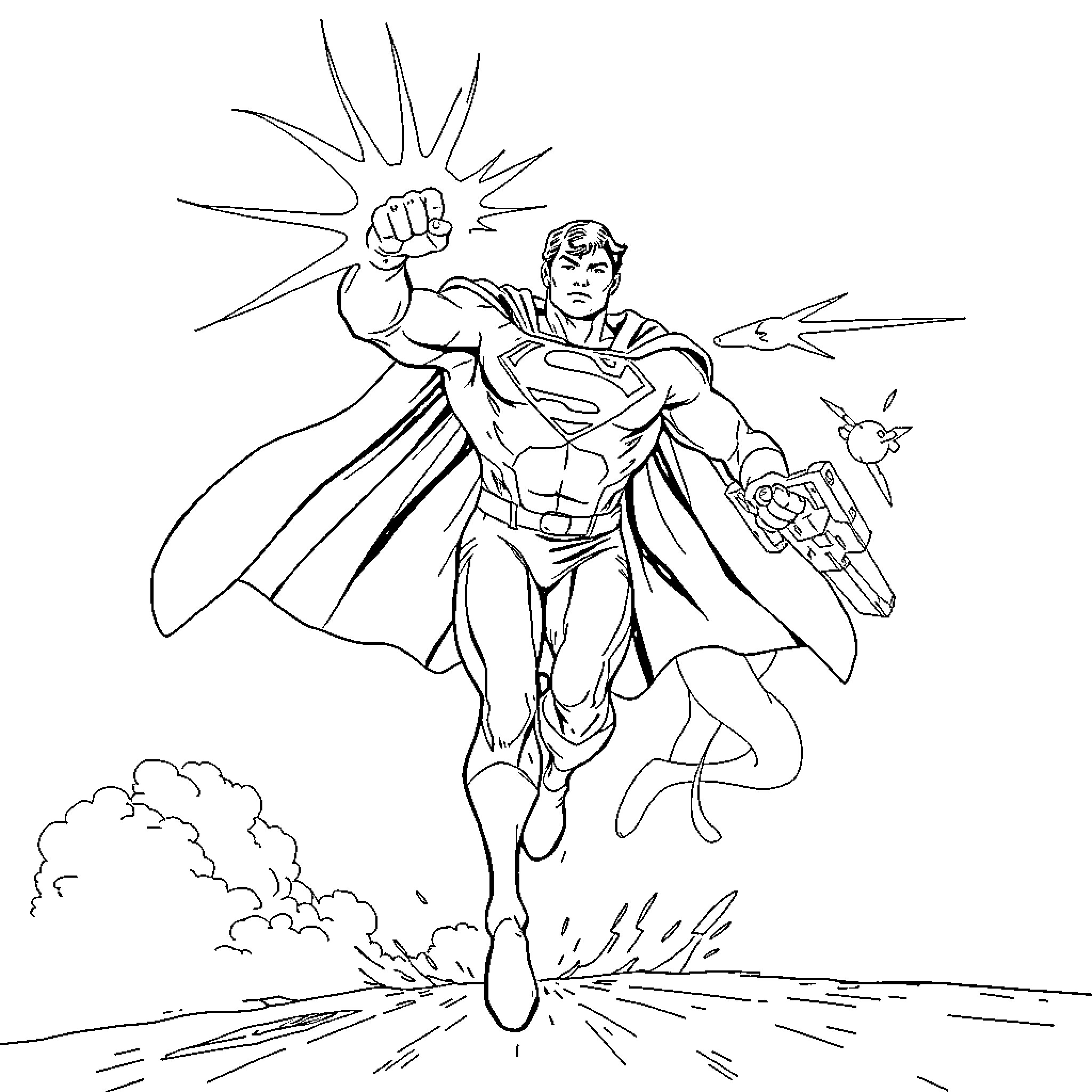 Superman flying in action pose Coloring Page (free black-and-white line drawing printable PDF for all, from beginners to advanced learners, including children, teens, adults, and seniors)