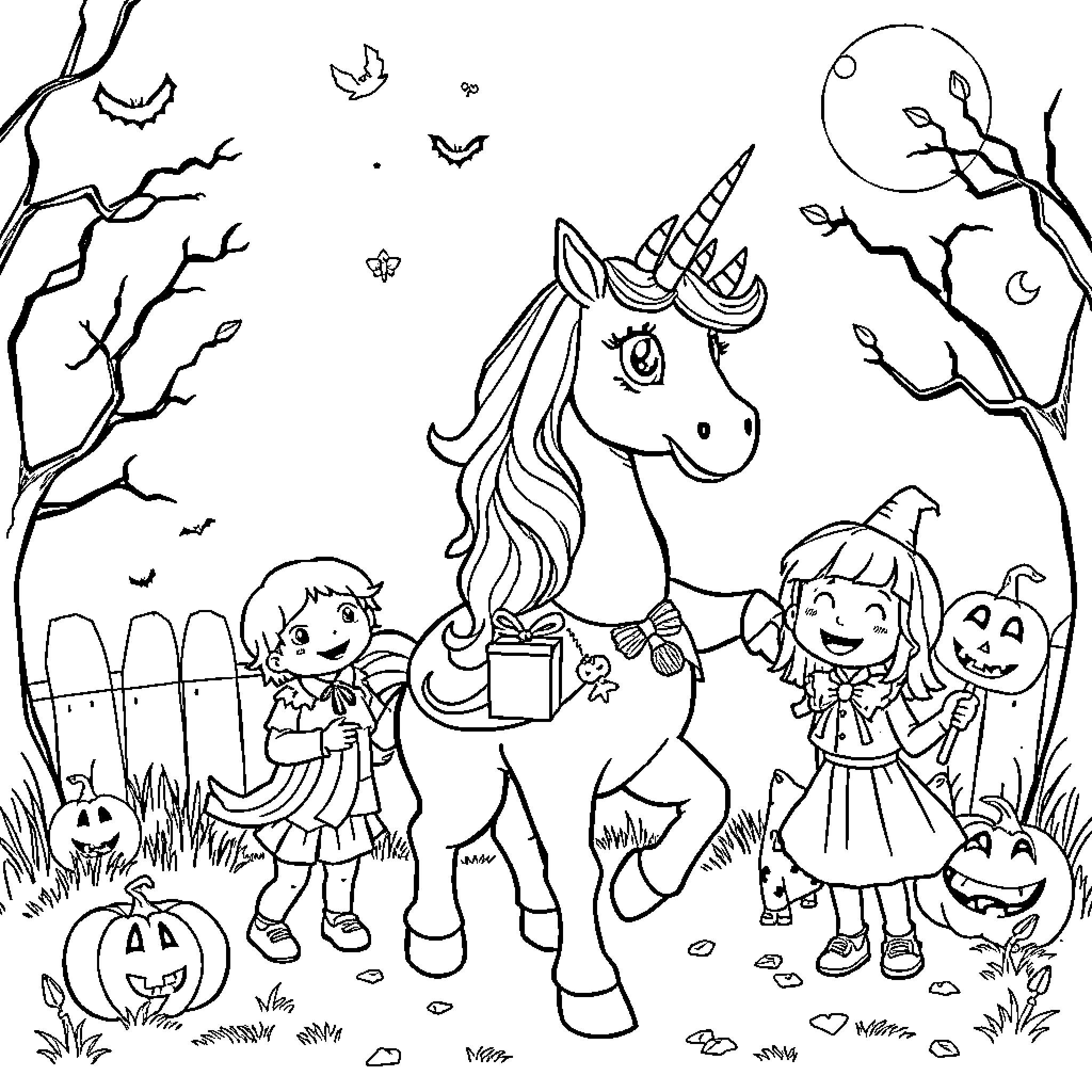 Unicorn Halloween Parade with Children Coloring Page (free black-and-white line drawing printable PDF for all, from beginners to advanced learners, including children, teens, adults, and seniors)