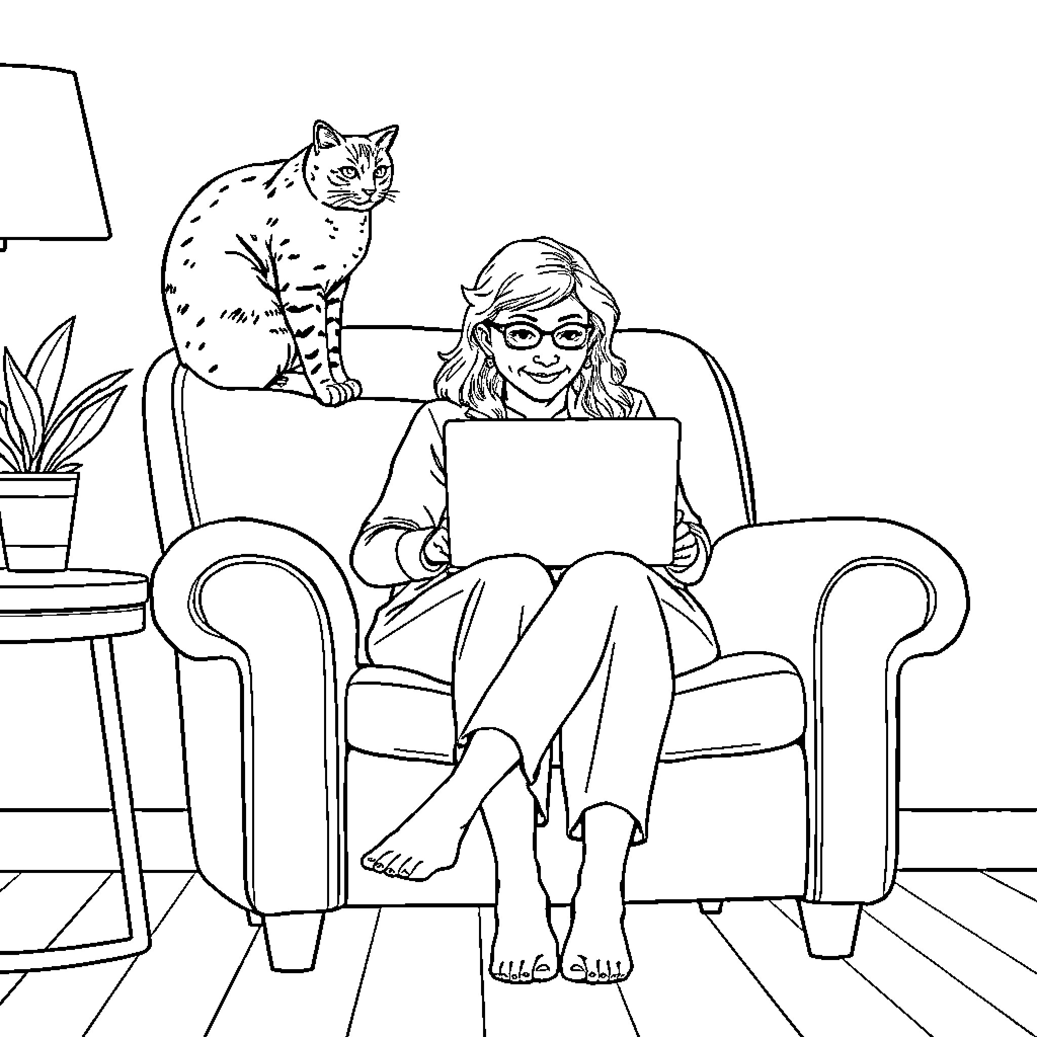 Cat relaxing with person on couch Coloring Page (free black-and-white line drawing printable PDF for all, from beginners to advanced learners, including children, teens, adults, and seniors)