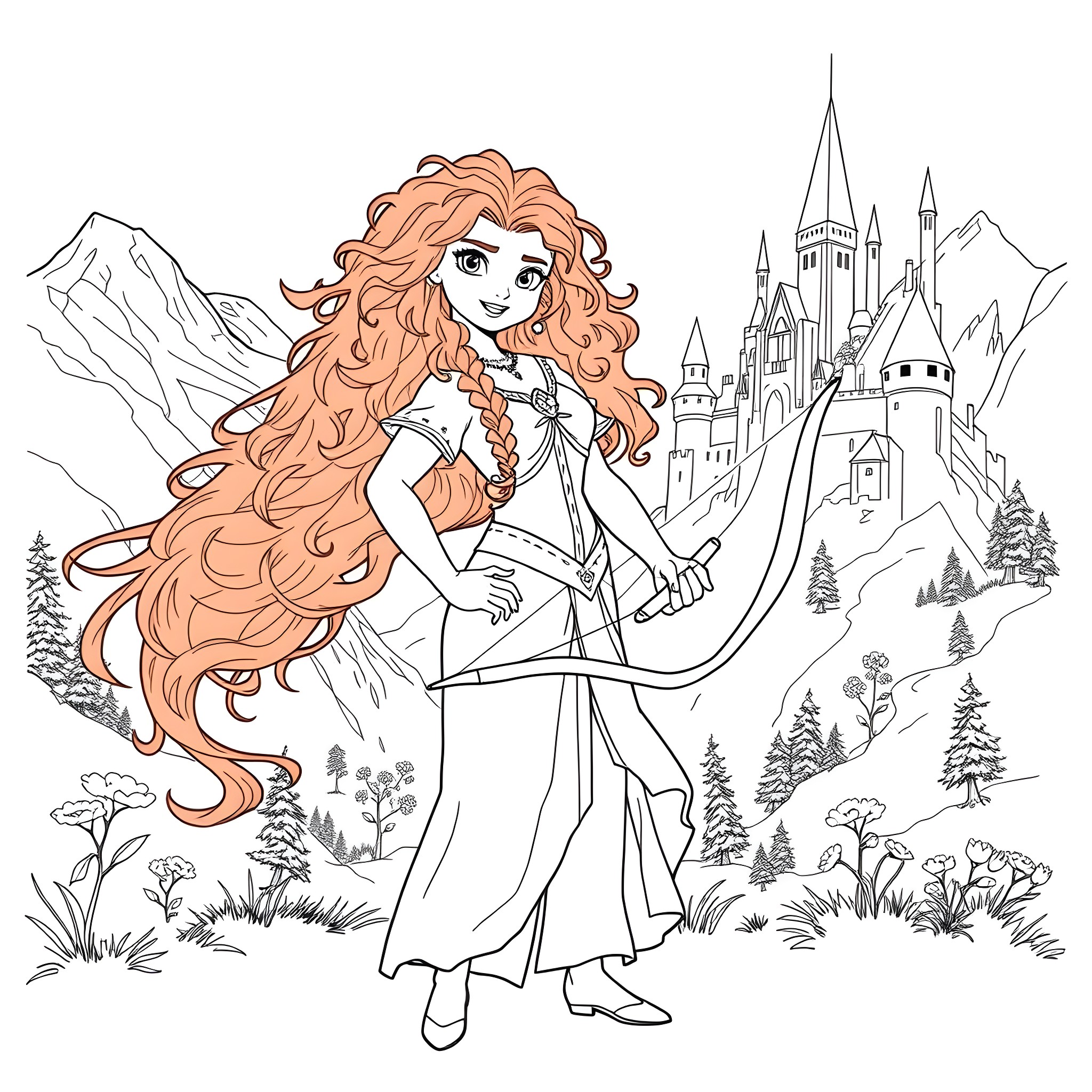 Merida exploring the enchanting castle landscapes Coloring Page (free black-and-white line drawing printable PDF for all, from beginners to advanced learners, including children, teens, adults, and seniors)