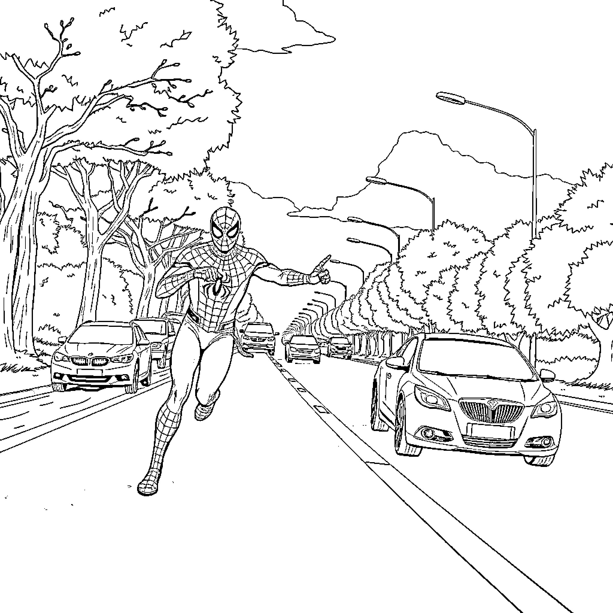 Spider-Man rushing through the city streets Coloring Page (free black-and-white line drawing printable PDF for all, from beginners to advanced learners, including children, teens, adults, and seniors)