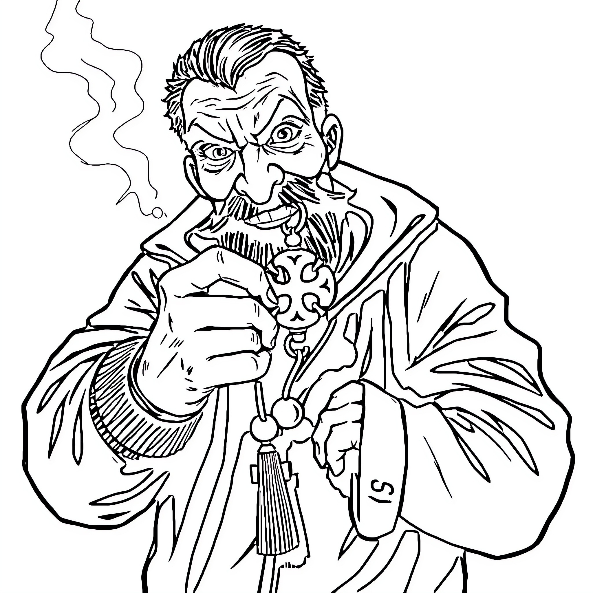 Superstition - Mysterious Occultist with Ceremonial Garb Coloring Page (free black-and-white line drawing printable PDF for all, from beginners to advanced learners, including children, teens, adults, and seniors)