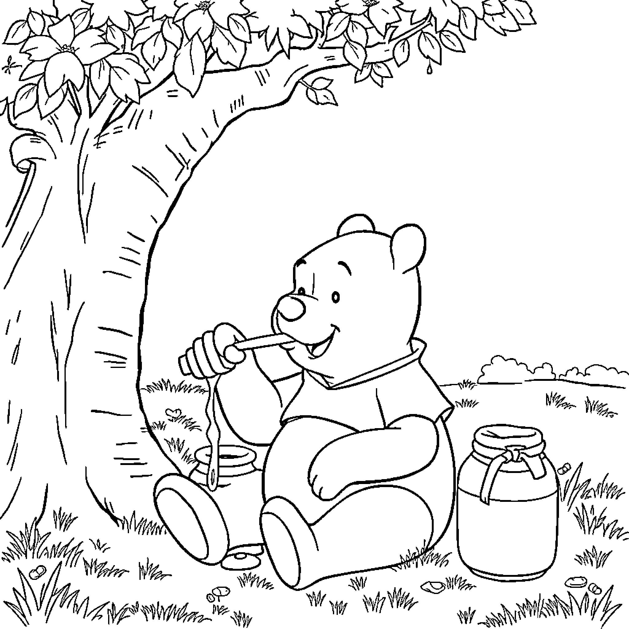 Winnie The Pooh eating honey under a tree Coloring Page (free black-and-white line drawing printable PDF for all, from beginners to advanced learners, including children, teens, adults, and seniors)