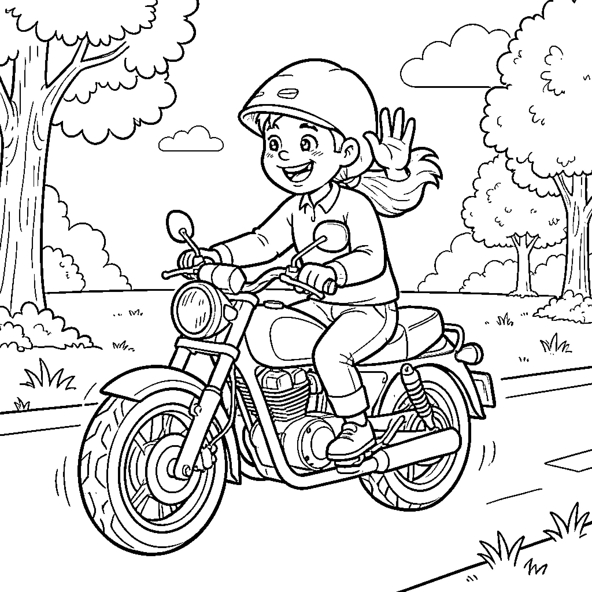 Paashaas enjoys riding a motorcycle in the outdoors Coloring Page (free black-and-white line drawing printable PDF for all, from beginners to advanced learners, including children, teens, adults, and seniors)