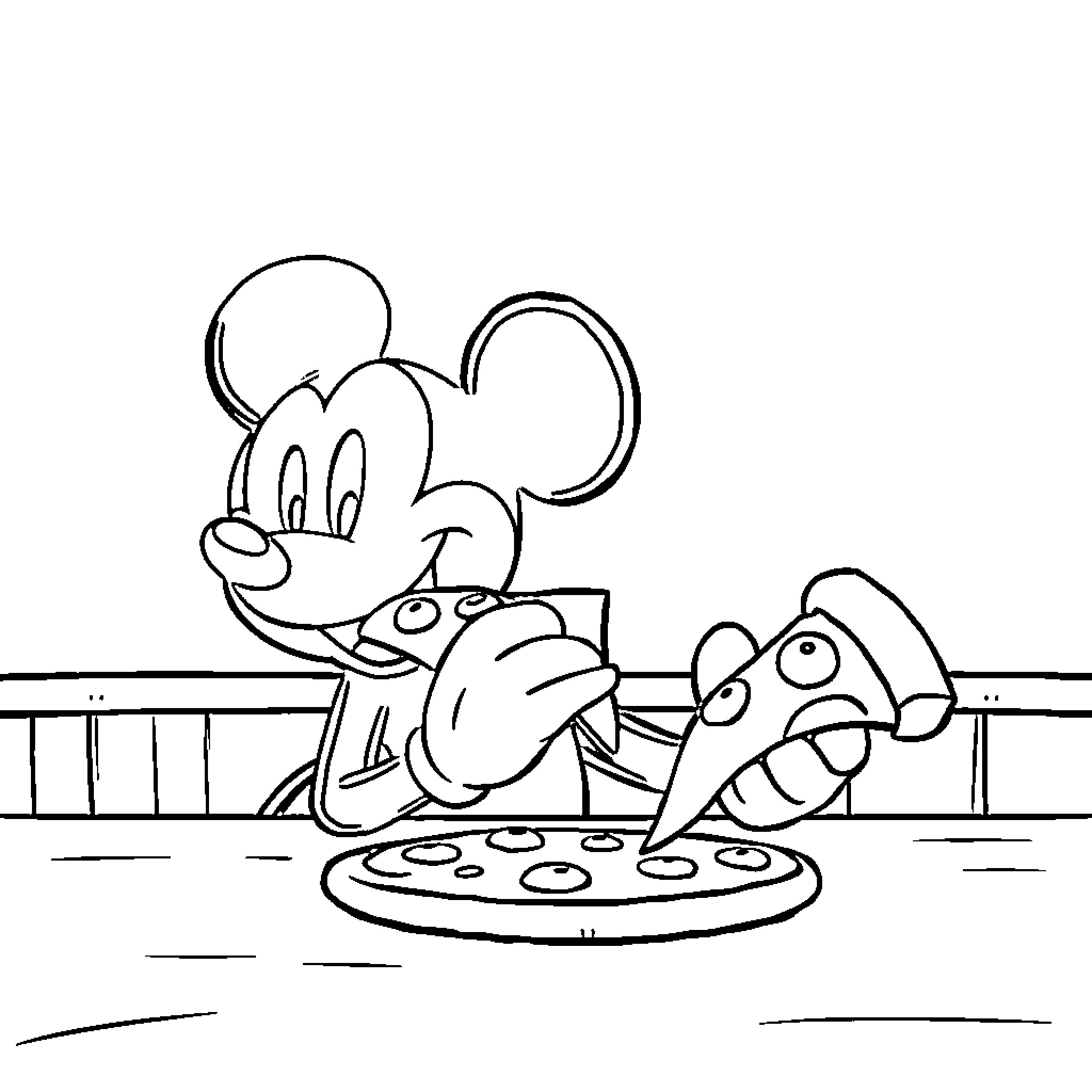 Mickey Mouse cooking with a strange creature Coloring Page (free black-and-white line drawing printable PDF for all, from beginners to advanced learners, including children, teens, adults, and seniors)