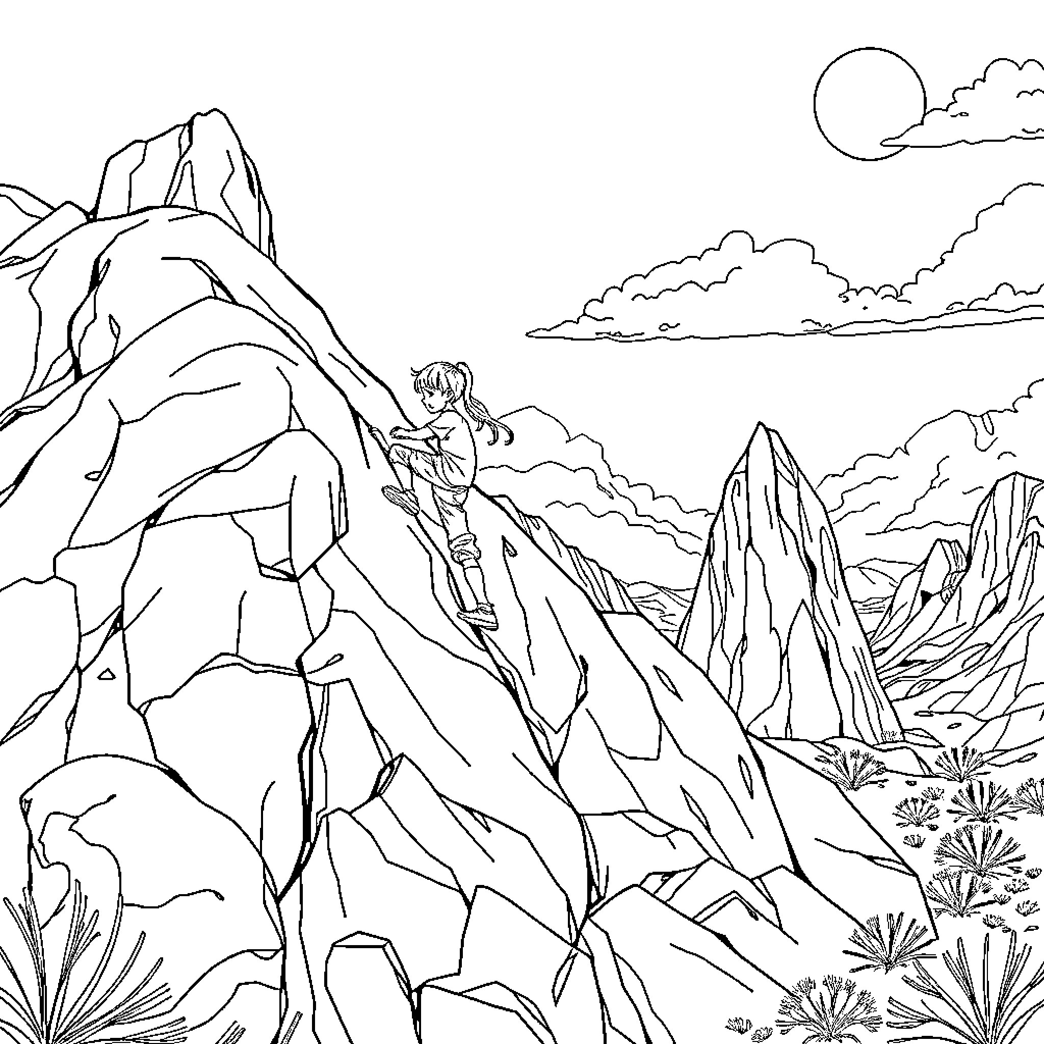 Child climbing rocky mountain landscape Coloring Page (free black-and-white line drawing printable PDF for all, from beginners to advanced learners, including children, teens, adults, and seniors)