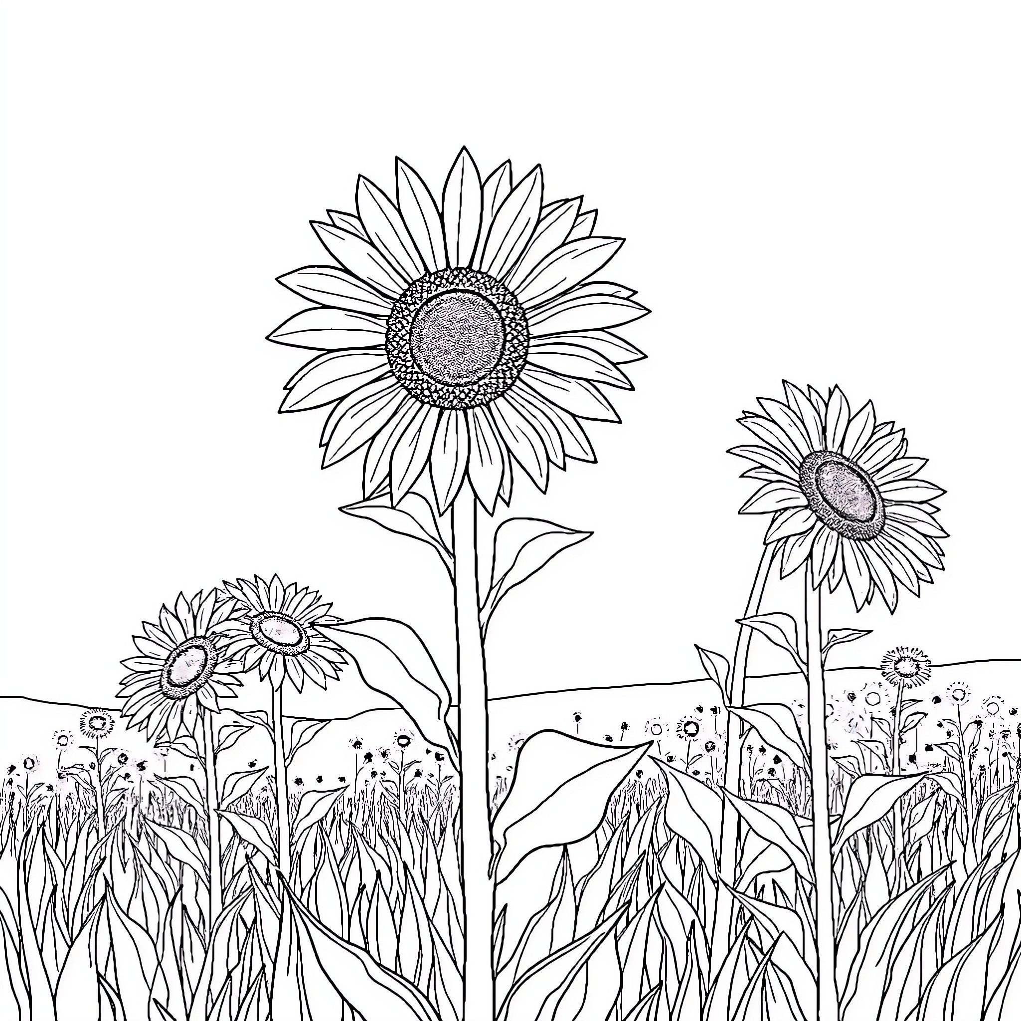 Sunflower field in black and white Coloring Page (free black-and-white line drawing printable PDF for all, from beginners to advanced learners, including children, teens, adults, and seniors)
