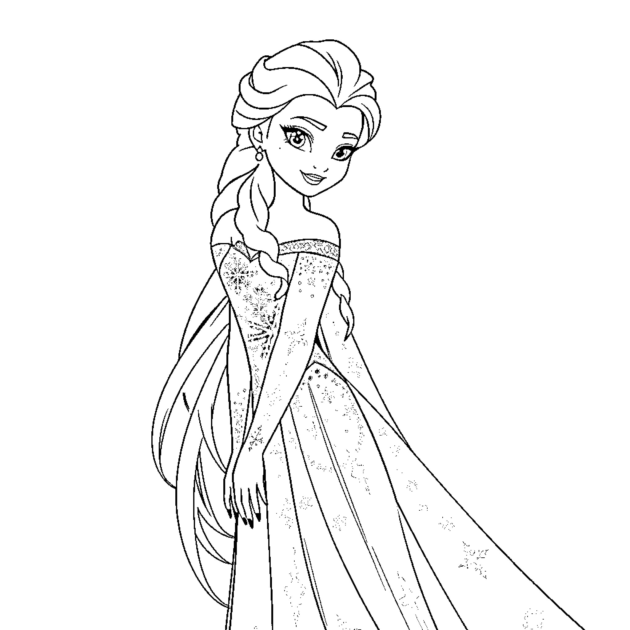 Elsa in her beautiful ice gown Coloring Page (free black-and-white line drawing printable PDF for all, from beginners to advanced learners, including children, teens, adults, and seniors)