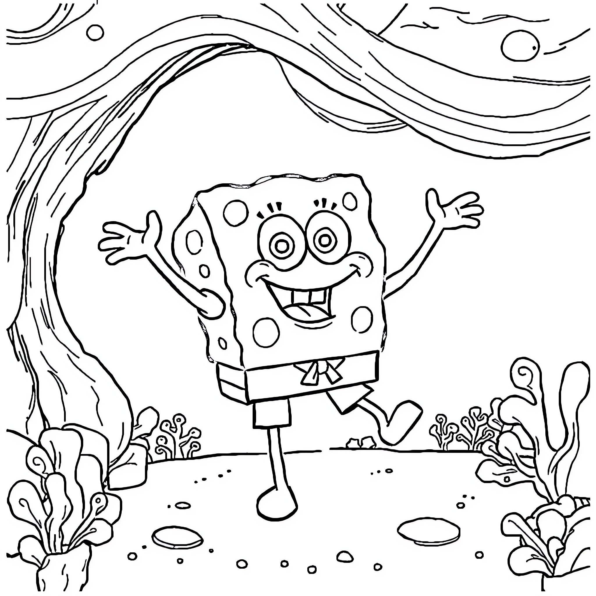 Spongebob exploring the underwater world with excitement Coloring Page (free black-and-white line drawing printable PDF for all, from beginners to advanced learners, including children, teens, adults, and seniors)
