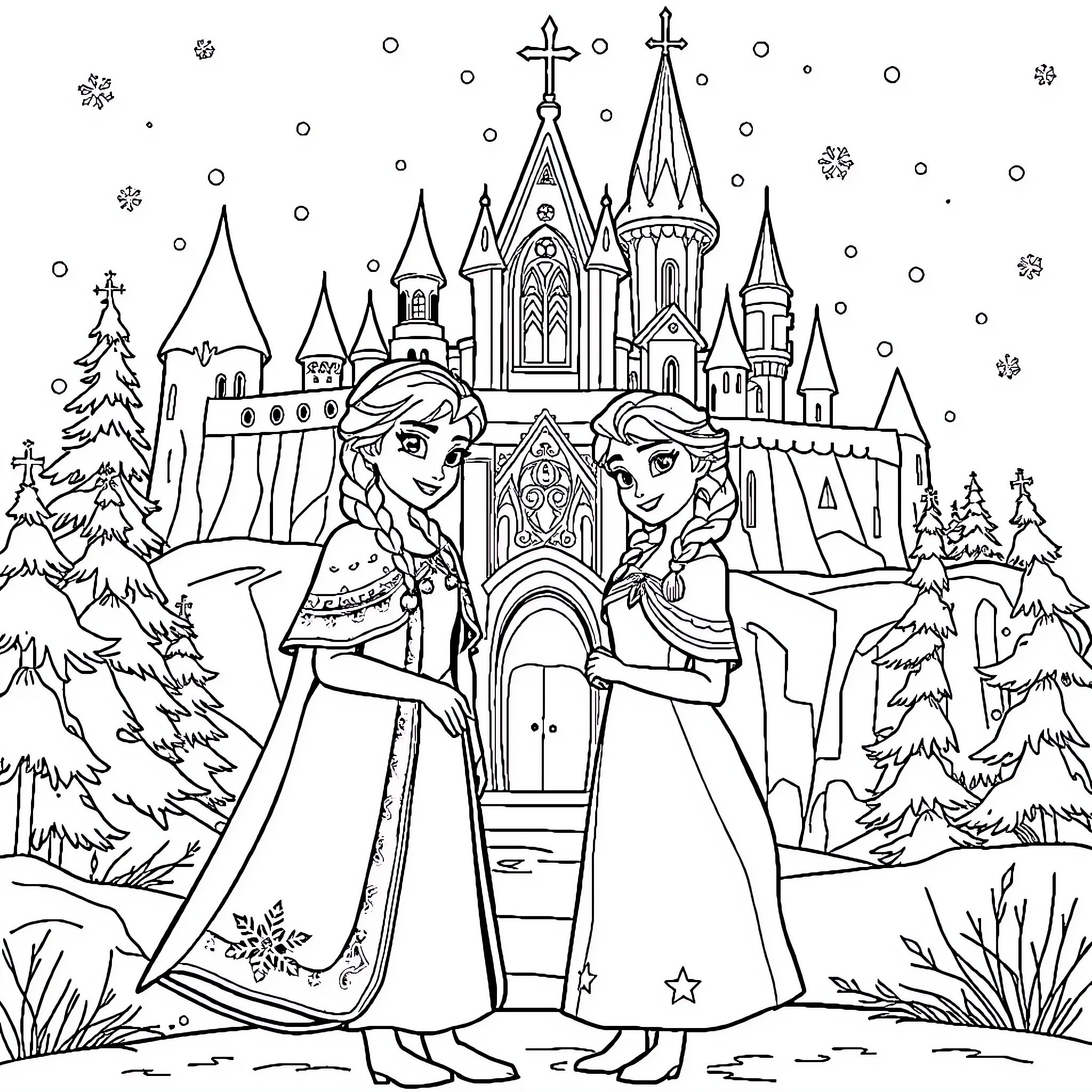 Elsa and Anna explore a Winter Wonderland Castle Coloring Page (free black-and-white line drawing printable PDF for all, from beginners to advanced learners, including children, teens, adults, and seniors)