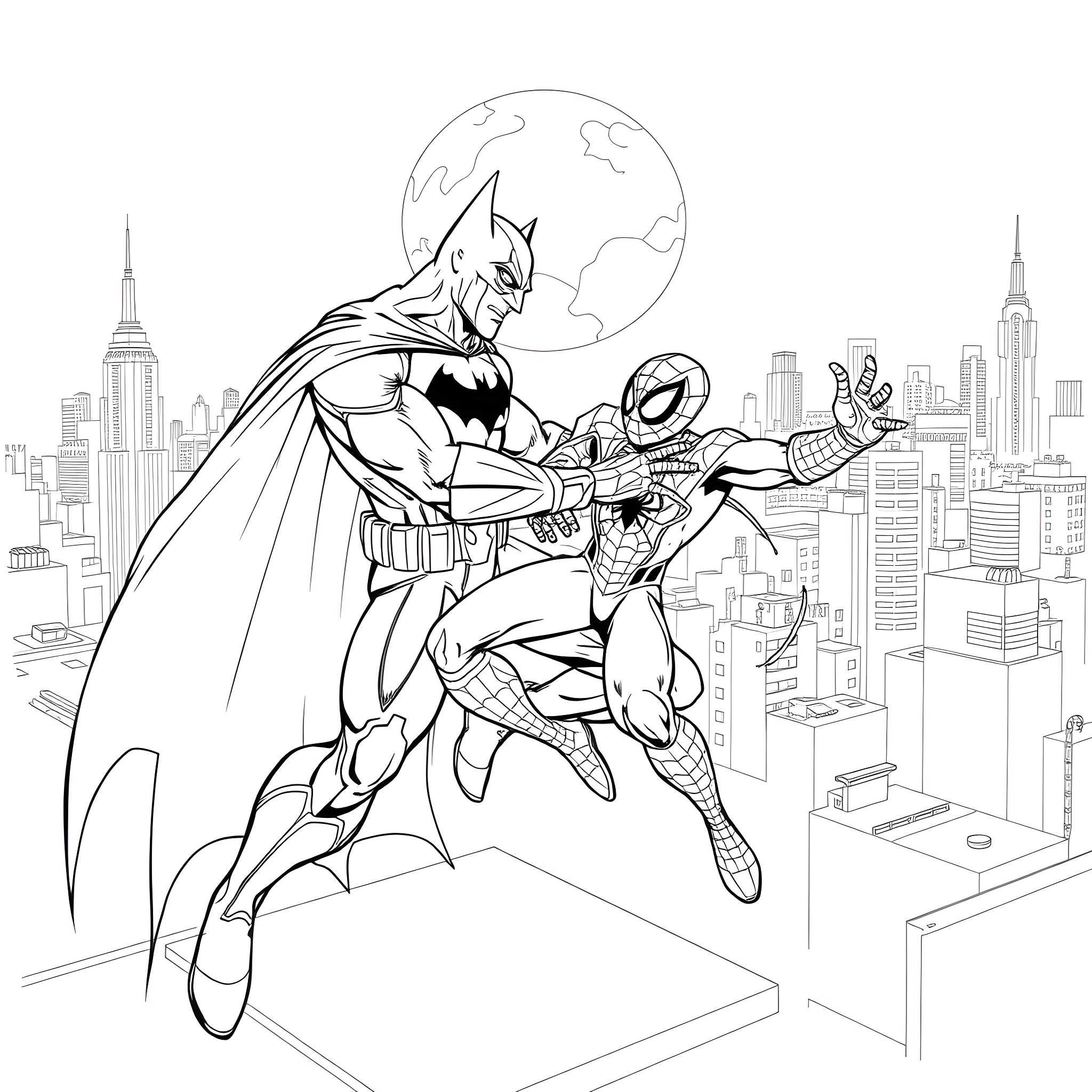 Batman and Spider-Man team up to save the city Coloring Page (free black-and-white line drawing printable PDF for all, from beginners to advanced learners, including children, teens, adults, and seniors)