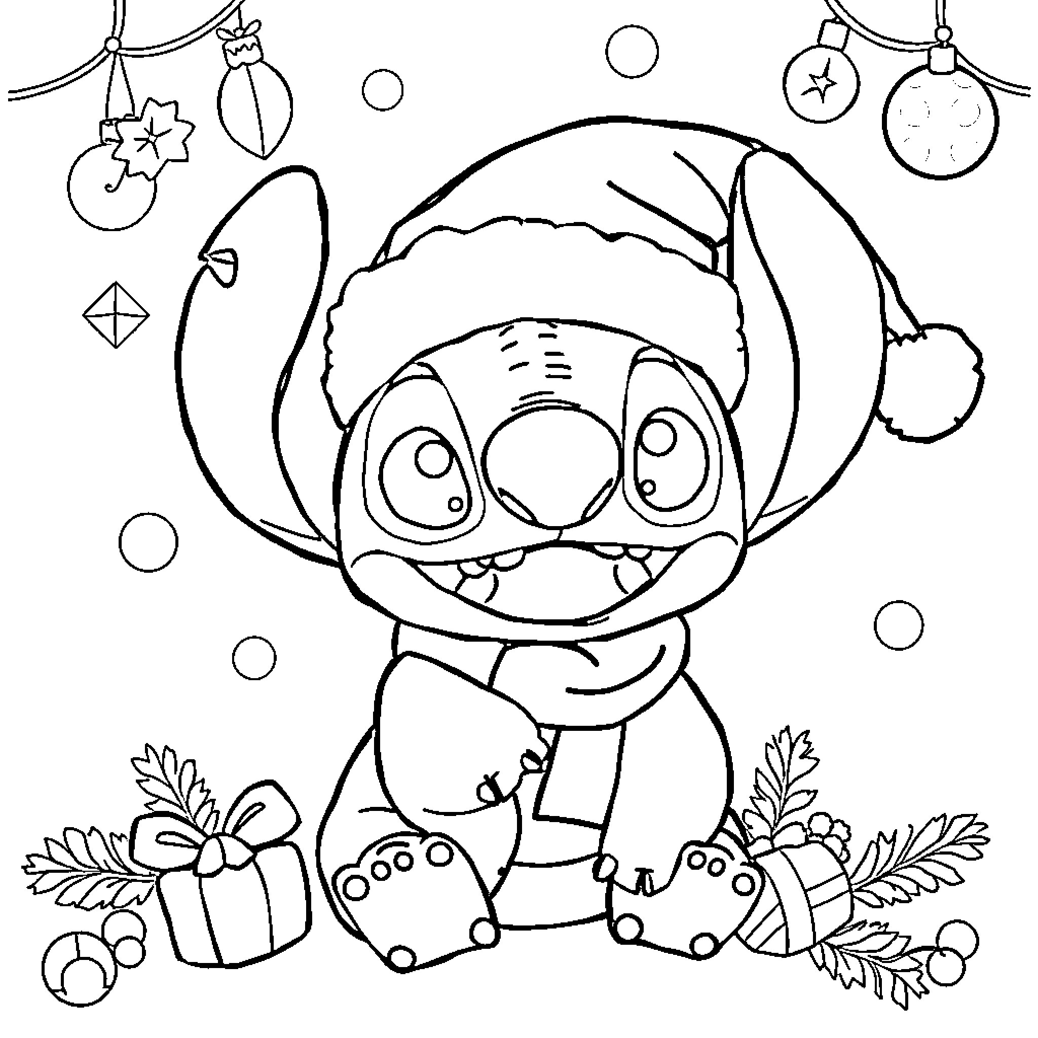 Christmas Stitch with Festive Decorations Coloring Page (free black-and-white line drawing printable PDF for all, from beginners to advanced learners, including children, teens, adults, and seniors)