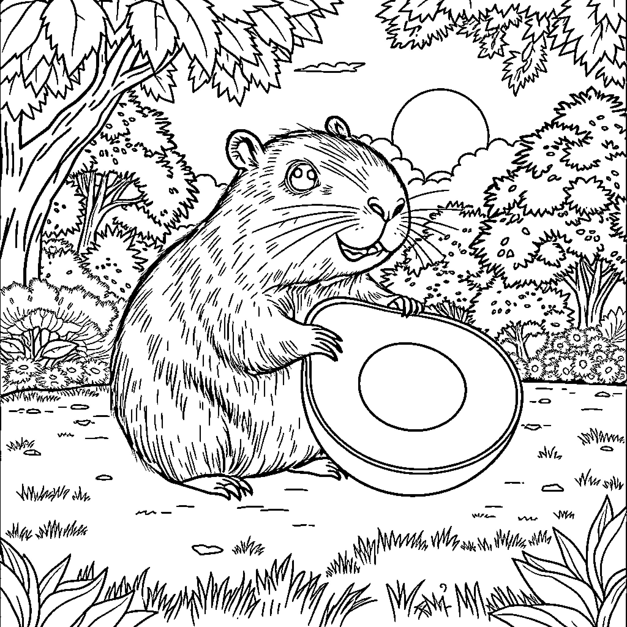 Capybara enjoying a sunny day in the forest Coloring Page (free black-and-white line drawing printable PDF for all, from beginners to advanced learners, including children, teens, adults, and seniors)