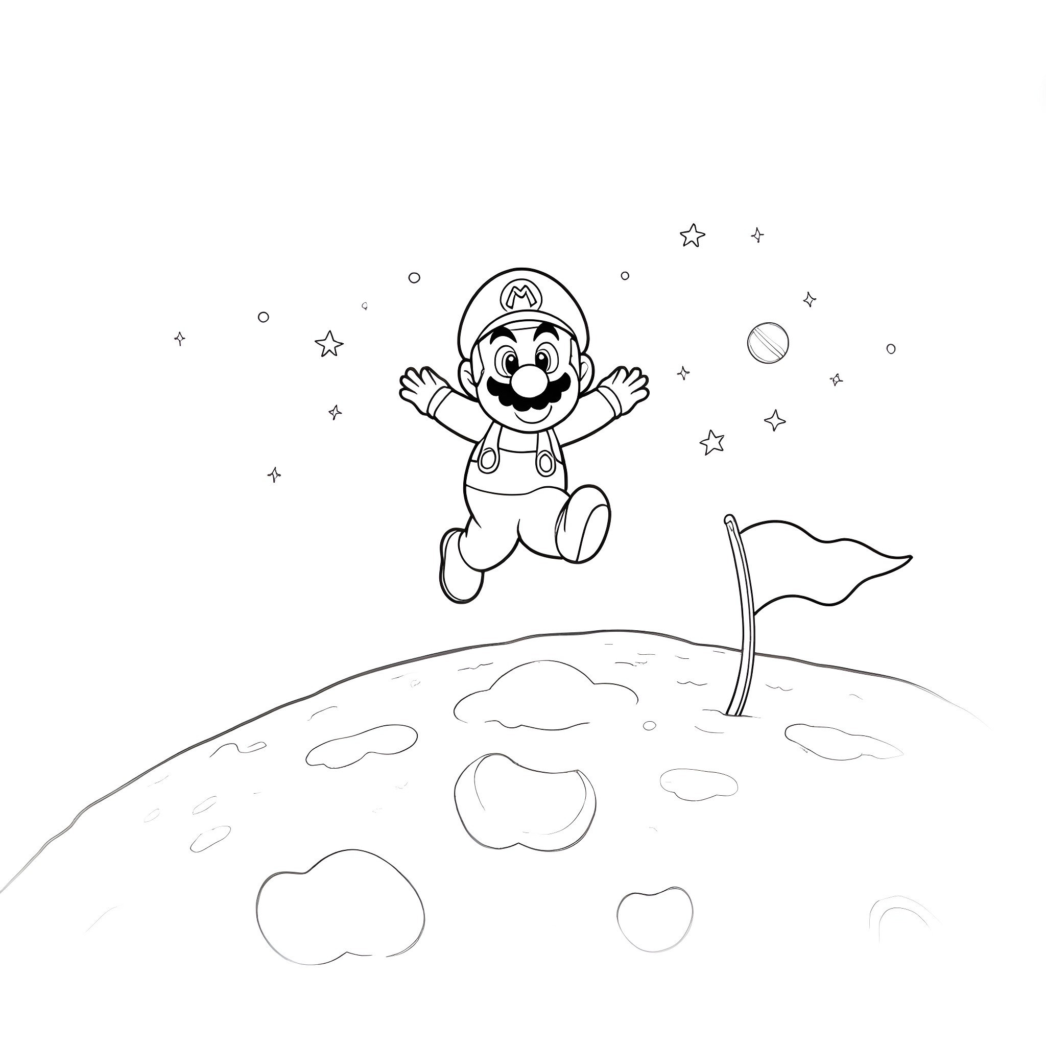 Mario exploring the galaxy with excitement Coloring Page (free black-and-white line drawing printable PDF for all, from beginners to advanced learners, including children, teens, adults, and seniors)