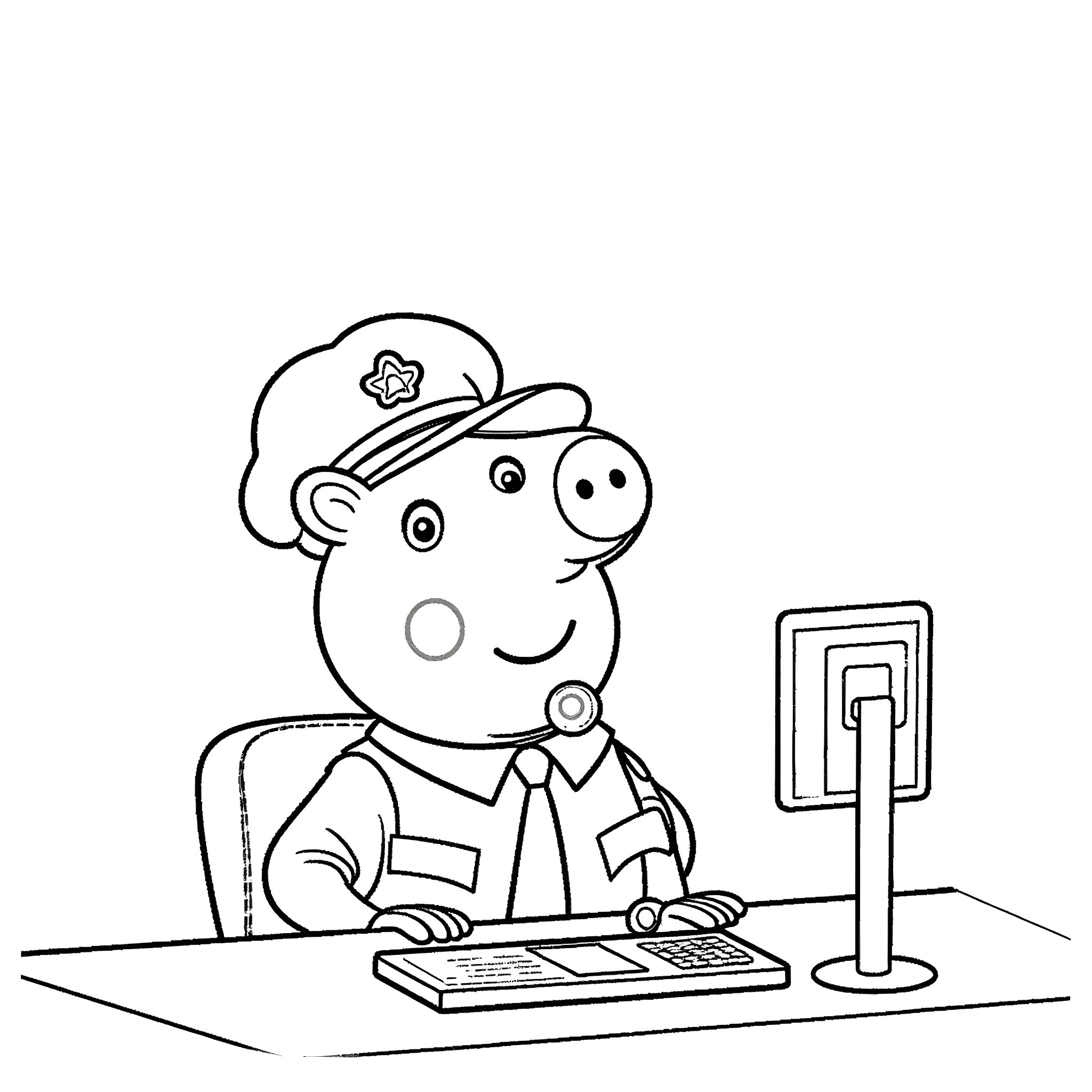 Porky Pig as a helpful and friendly police officer Coloring Page (free black-and-white line drawing printable PDF for all, from beginners to advanced learners, including children, teens, adults, and seniors)