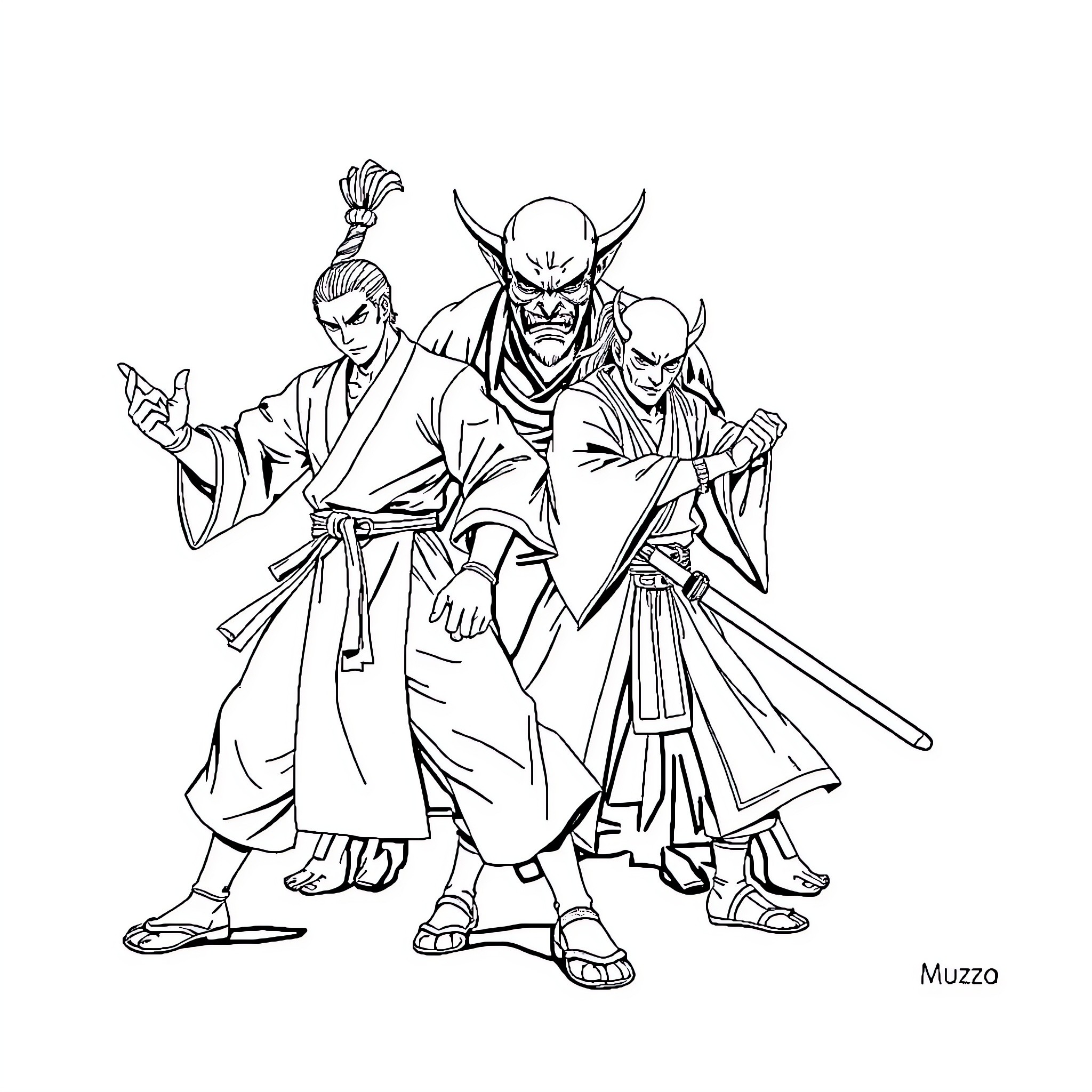 Tonjiro and his Samurai Allies in Battle Formation Coloring Page (free black-and-white line drawing printable PDF for all, from beginners to advanced learners, including children, teens, adults, and seniors)