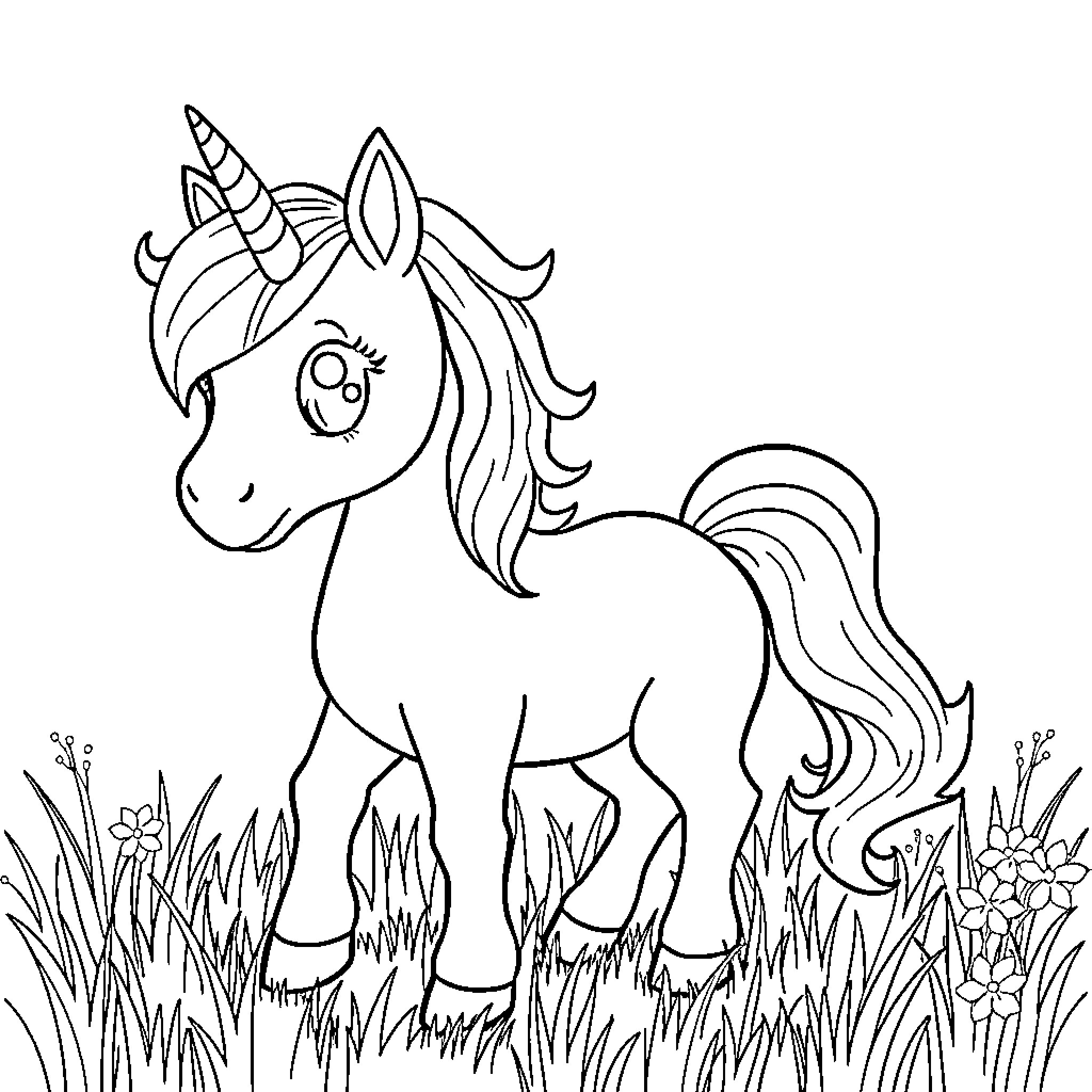 Unicorn standing in a field of flowers Coloring Page (free black-and-white line drawing printable PDF for all, from beginners to advanced learners, including children, teens, adults, and seniors)