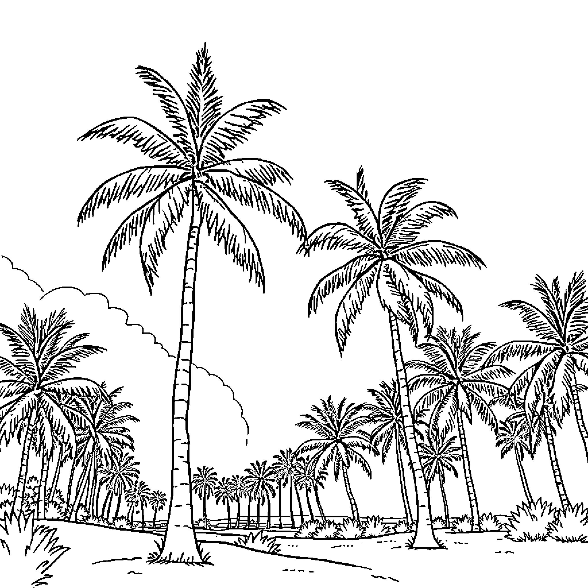 Beach scene with palm trees and tropical landscape Coloring Page (free black-and-white line drawing printable PDF for all, from beginners to advanced learners, including children, teens, adults, and seniors)