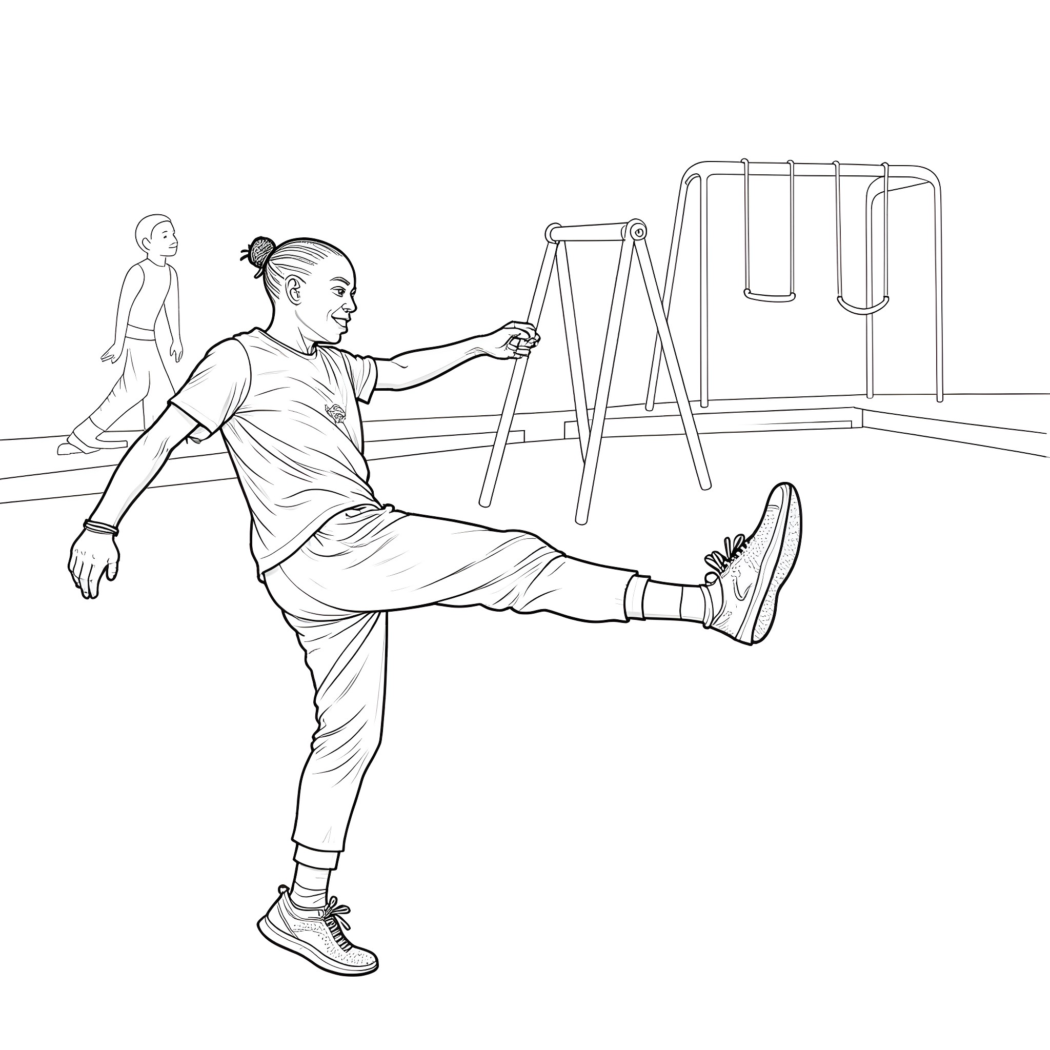 Kendrick Lamar performing energetic dance moves on stage Coloring Page (free black-and-white line drawing printable PDF for all, from beginners to advanced learners, including children, teens, adults, and seniors)