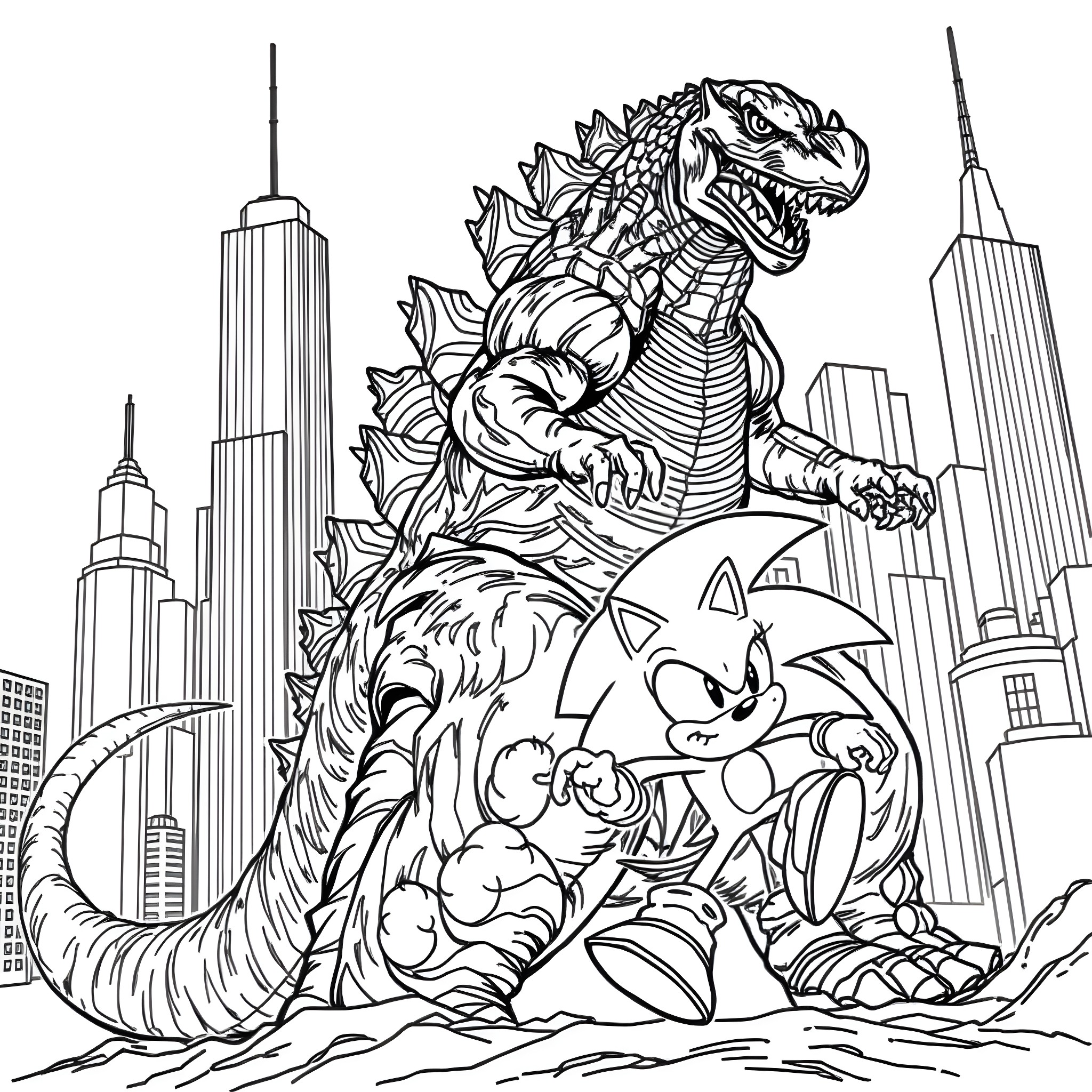 Godzilla and Sonic the Hedgehog battle in the city Coloring Page (free black-and-white line drawing printable PDF for all, from beginners to advanced learners, including children, teens, adults, and seniors)