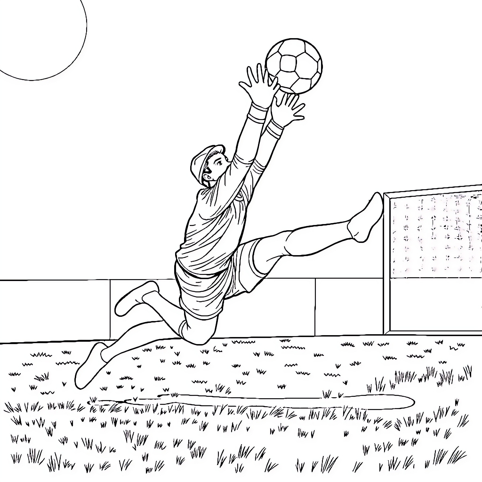 Soccer Keeper Diving to Make a Save Coloring Page (free black-and-white line drawing printable PDF for all, from beginners to advanced learners, including children, teens, adults, and seniors)