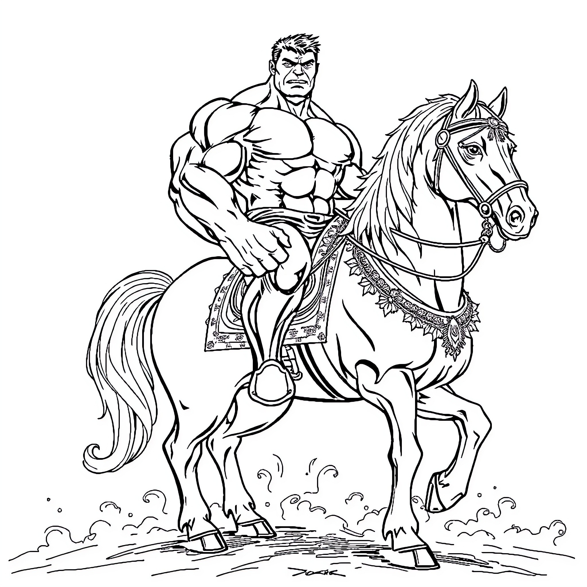 Hulk riding a powerful horse into battle Coloring Page (free black-and-white line drawing printable PDF for all, from beginners to advanced learners, including children, teens, adults, and seniors)