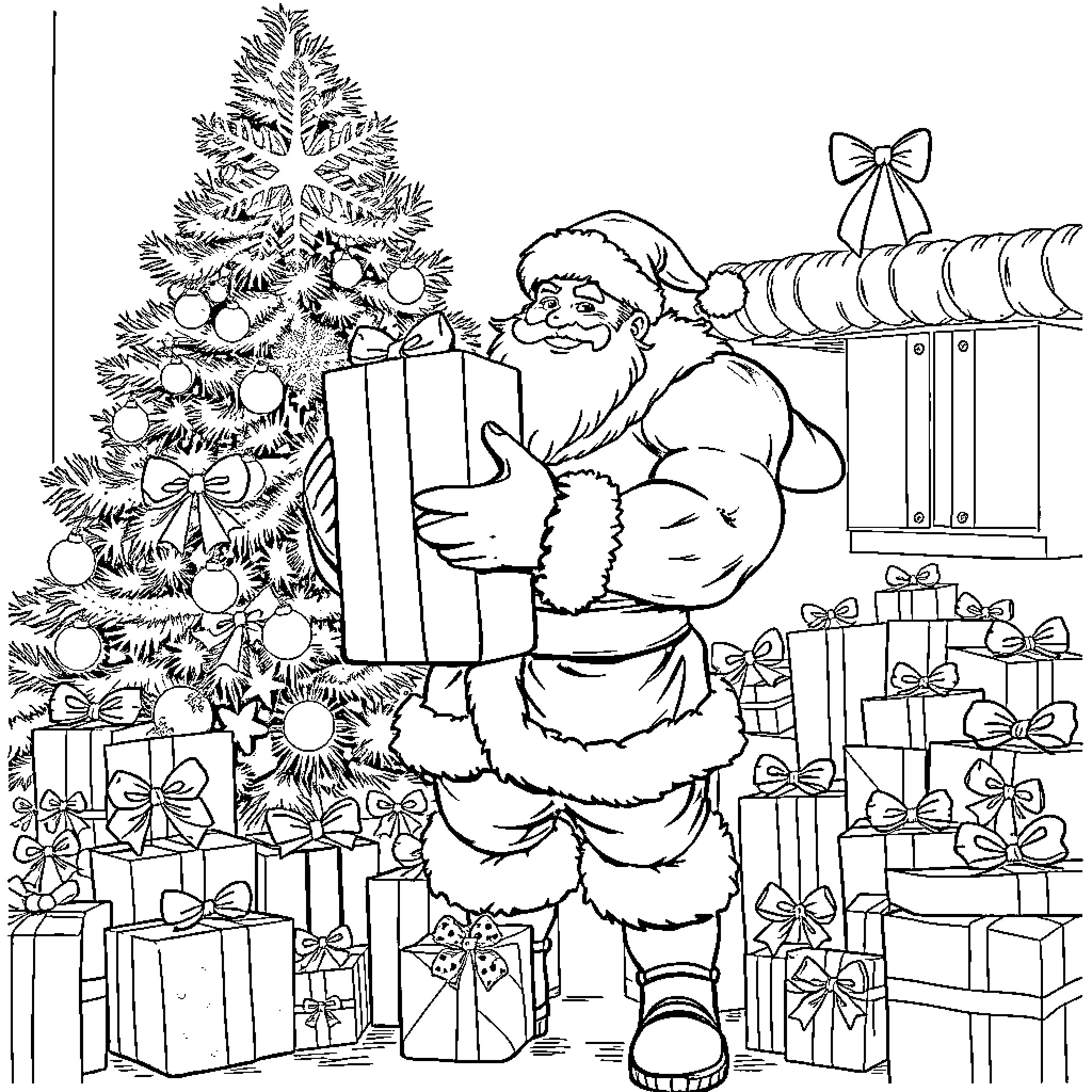 Santa Delivering Gifts Near Decorated Christmas Tree Coloring Page (free black-and-white line drawing printable PDF for all, from beginners to advanced learners, including children, teens, adults, and seniors)