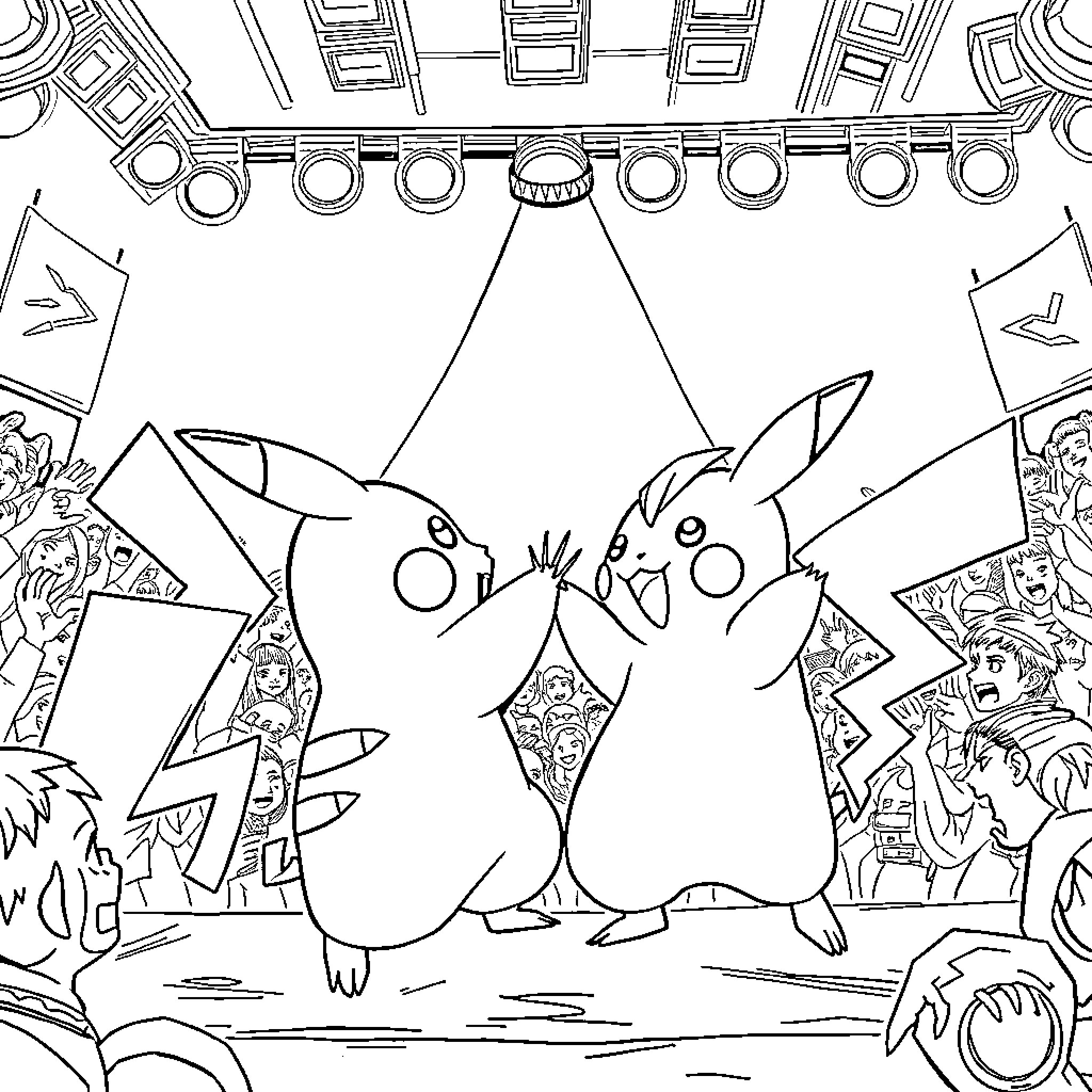 Pikachu and Raichu playing in a whimsical scene Coloring Page (free black-and-white line drawing printable PDF for all, from beginners to advanced learners, including children, teens, adults, and seniors)