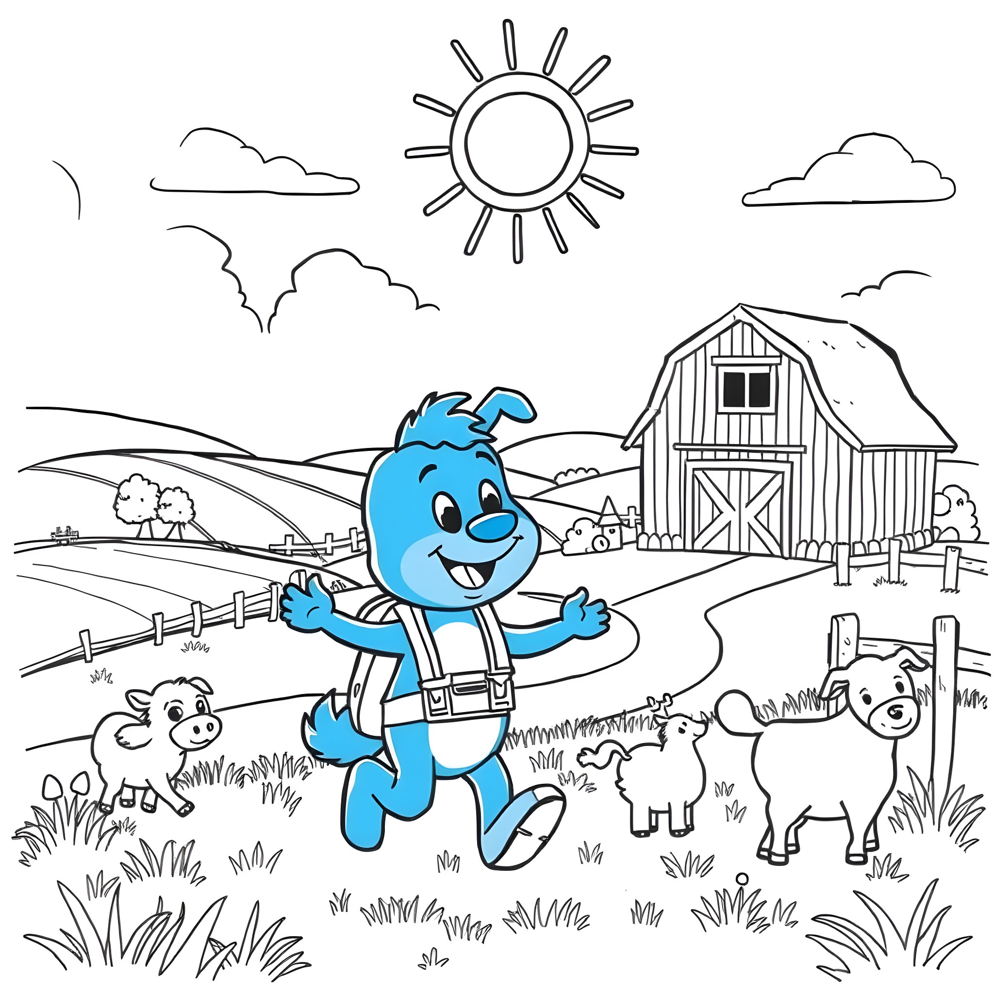 Bluey's Joyful Farmyard Adventure Coloring Page (free black-and-white line drawing printable PDF for all, from beginners to advanced learners, including children, teens, adults, and seniors)