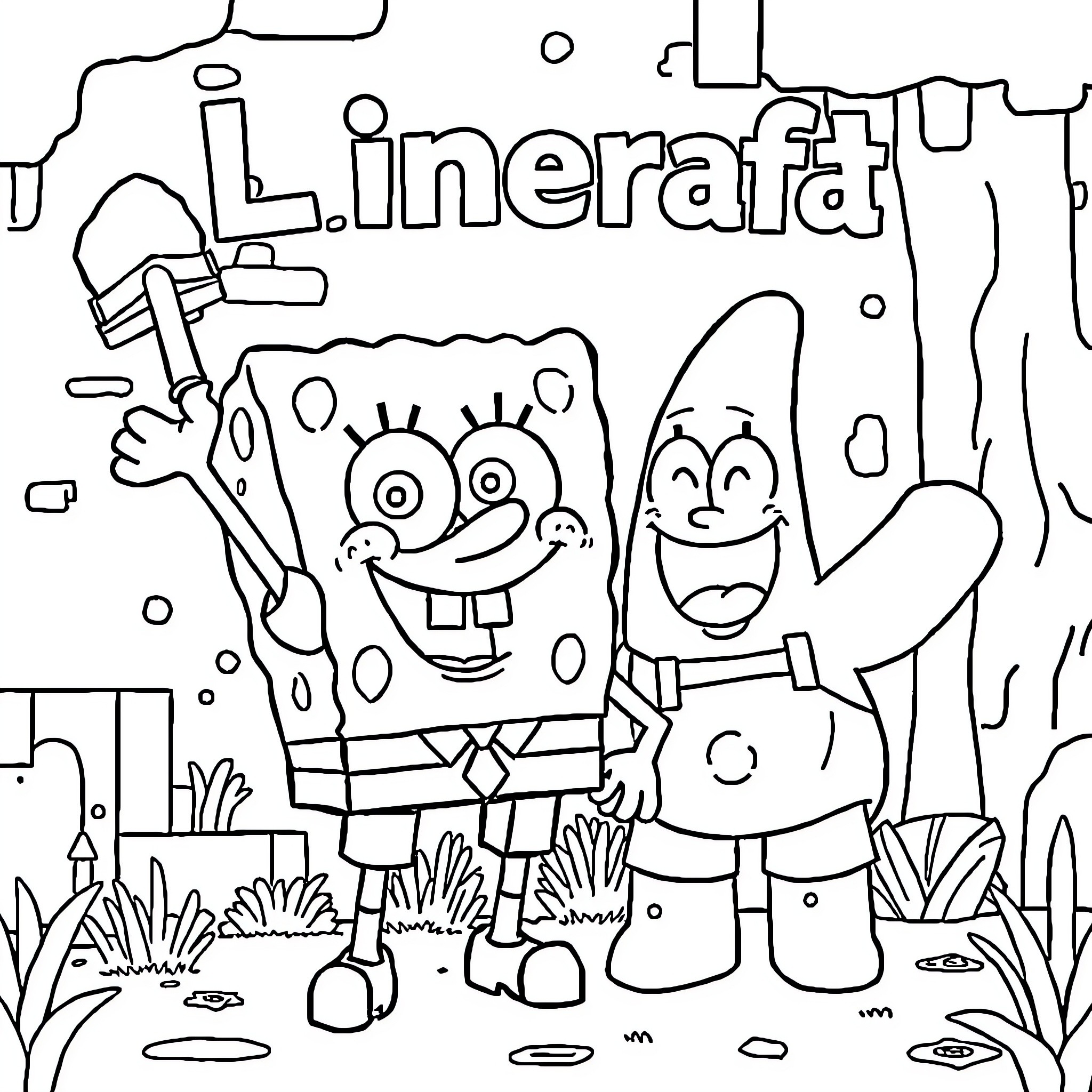Spongebob and Patrick's Lively Adventure Coloring Page (free black-and-white line drawing printable PDF for all, from beginners to advanced learners, including children, teens, adults, and seniors)