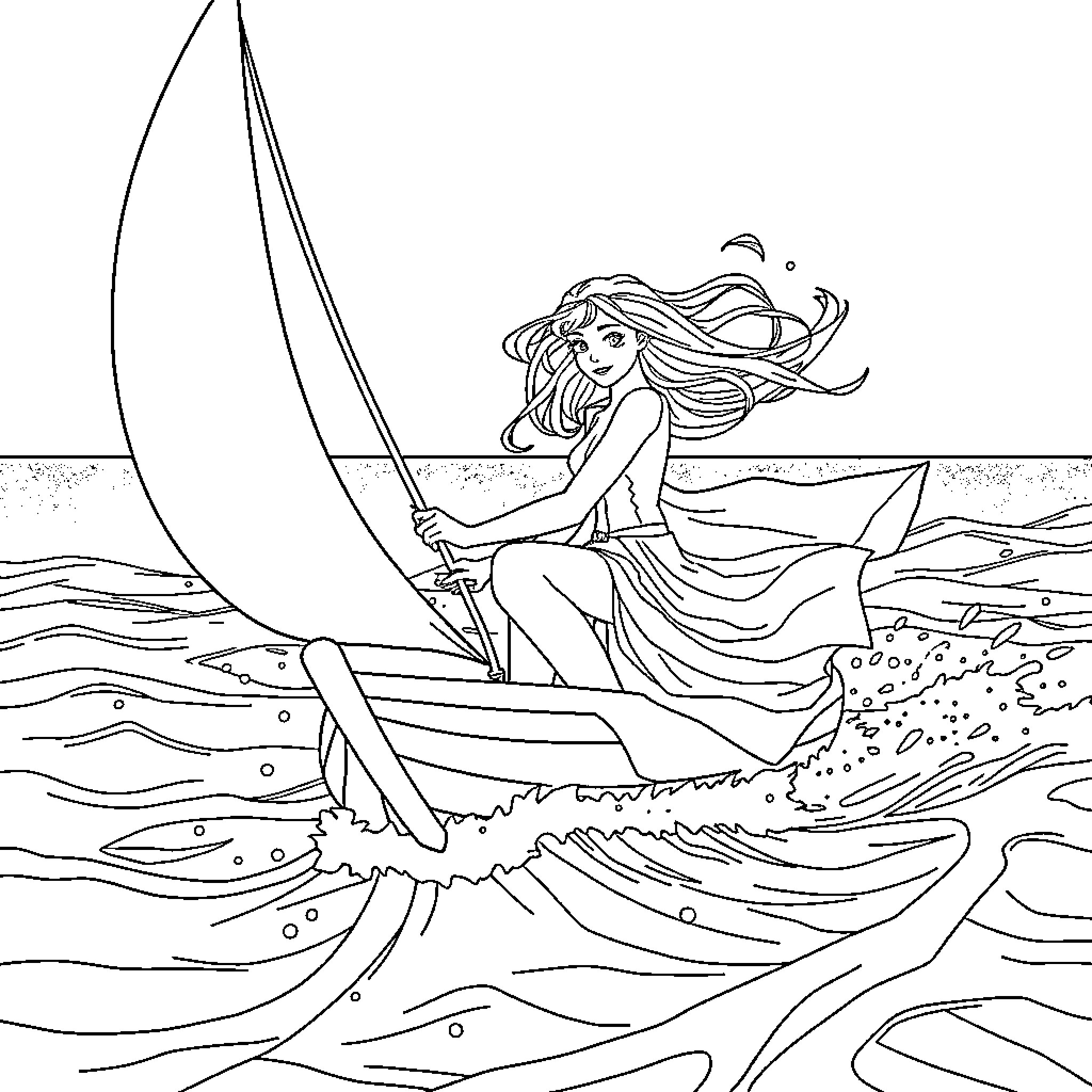 Vianna sailing happily on the open sea Coloring Page (free black-and-white line drawing printable PDF for all, from beginners to advanced learners, including children, teens, adults, and seniors)