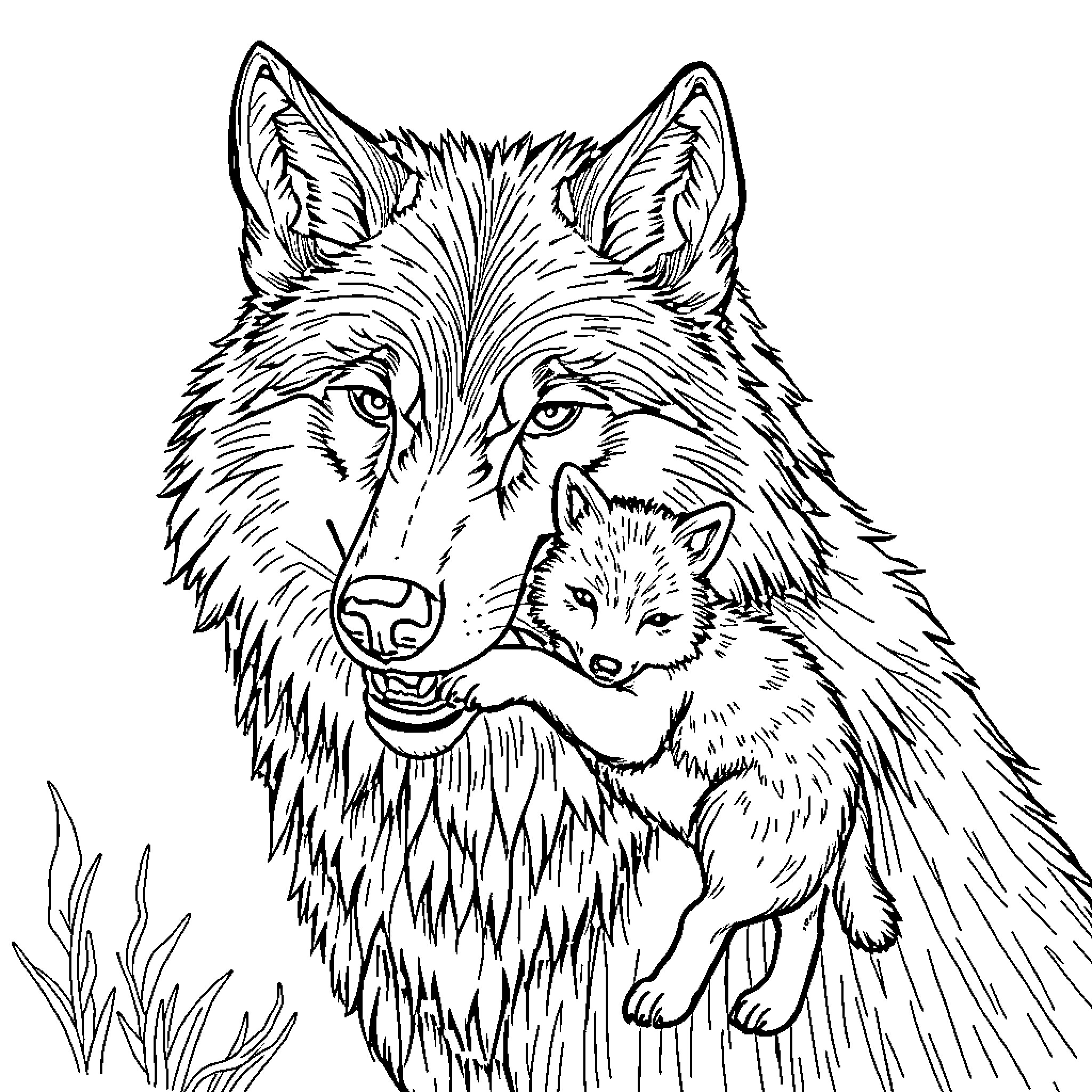 Wolf and cub in wilderness Coloring Page (free black-and-white line drawing printable PDF for all, from beginners to advanced learners, including children, teens, adults, and seniors)