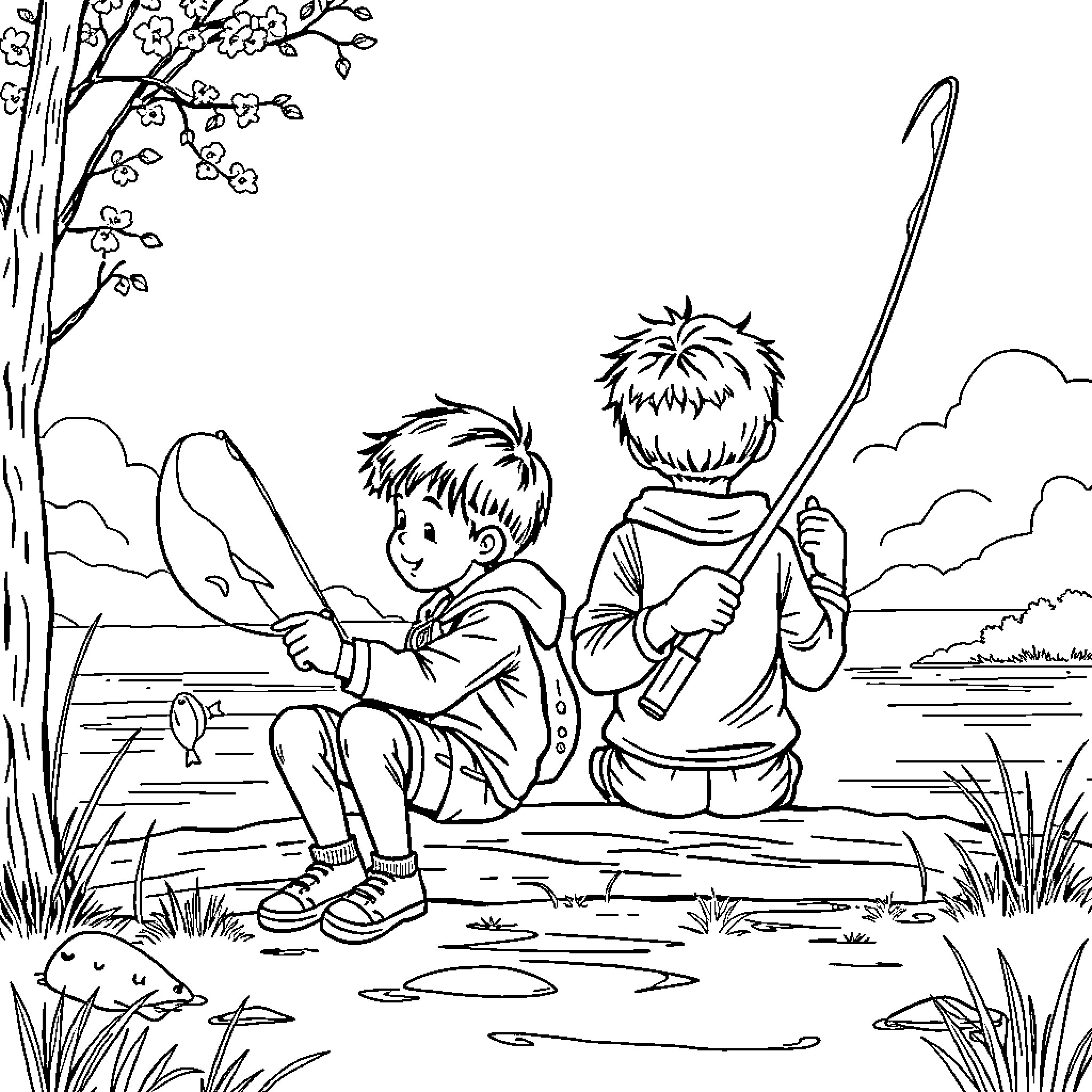 Boy Fishing with Friend by the River Coloring Page (free black-and-white line drawing printable PDF for all, from beginners to advanced learners, including children, teens, adults, and seniors)